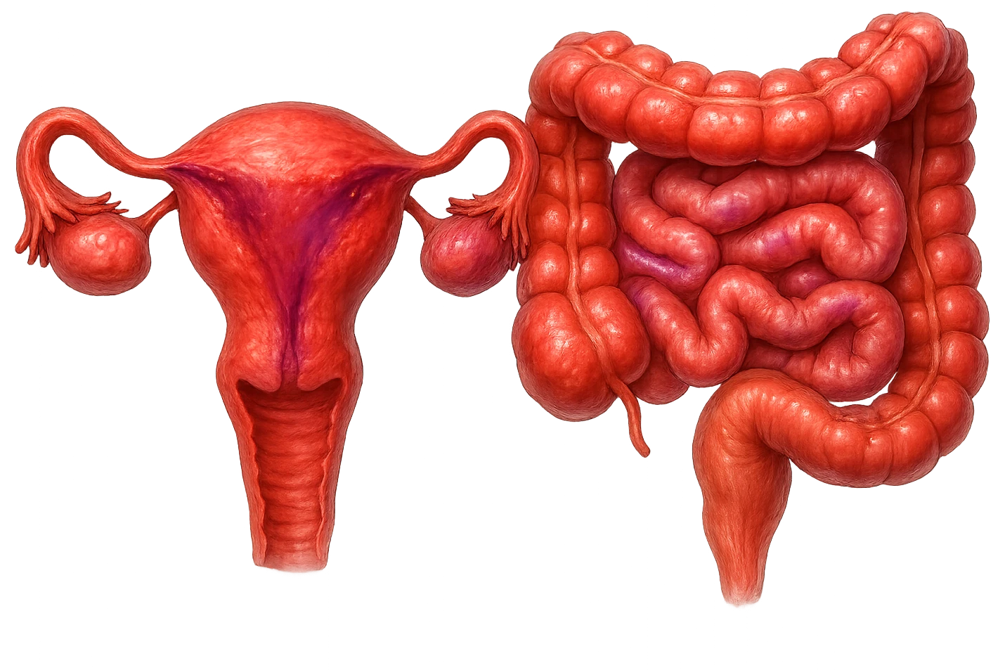 utero umano anatomico iperrealistico e intestino umano anatomico iperrealistico hanno in comune il dolore e l'infiammazione, rendi bene il collegamento tra i due organi doloranti, falla iperrealistica, non disegnata, fai colori che si adattano a questo viola #971ef1 emoji