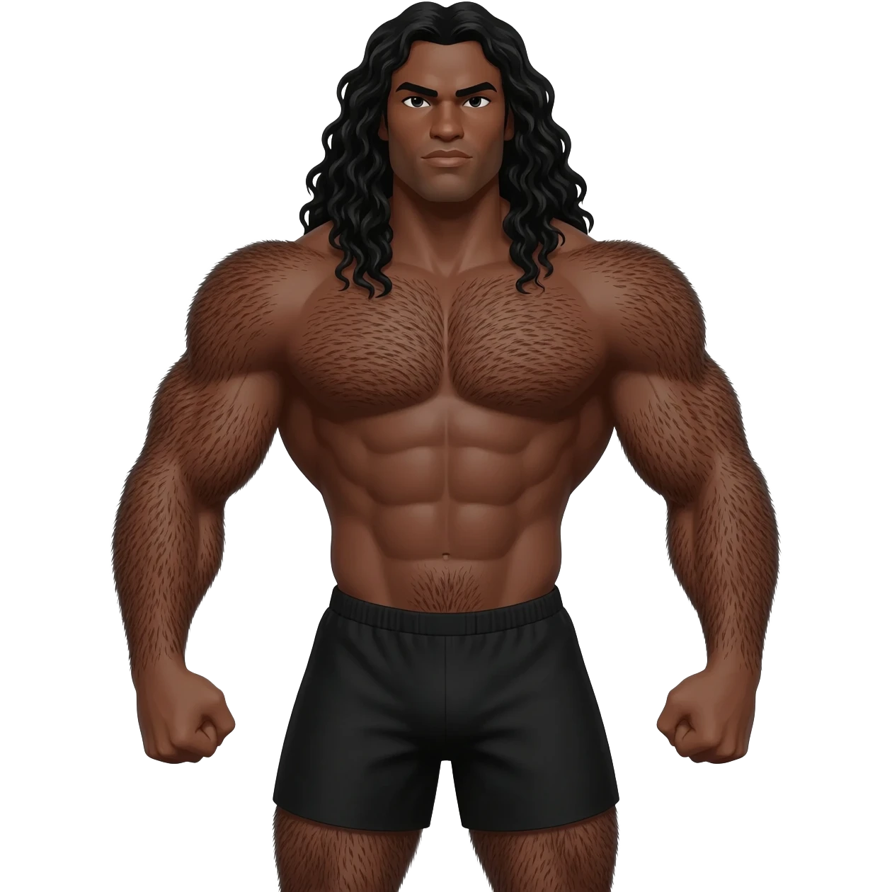 Superhero black male look superstrong black shorts very hairy long black bear and hair big arms no shirt full body size emoji