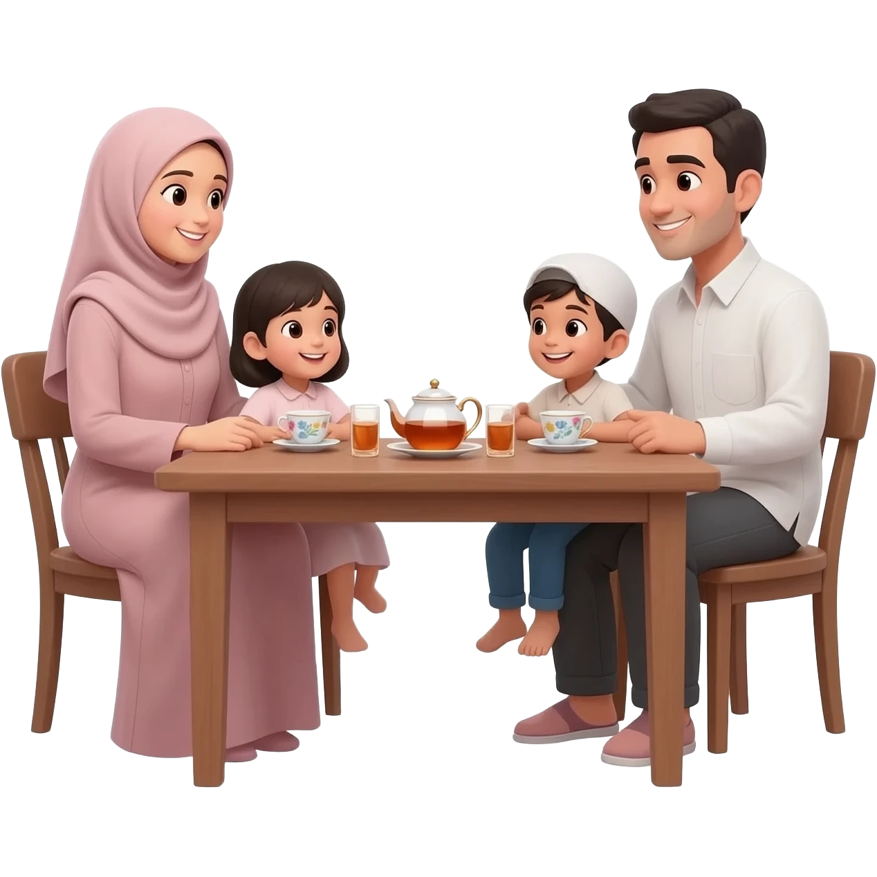 happy family islam sitting on table talking emoji