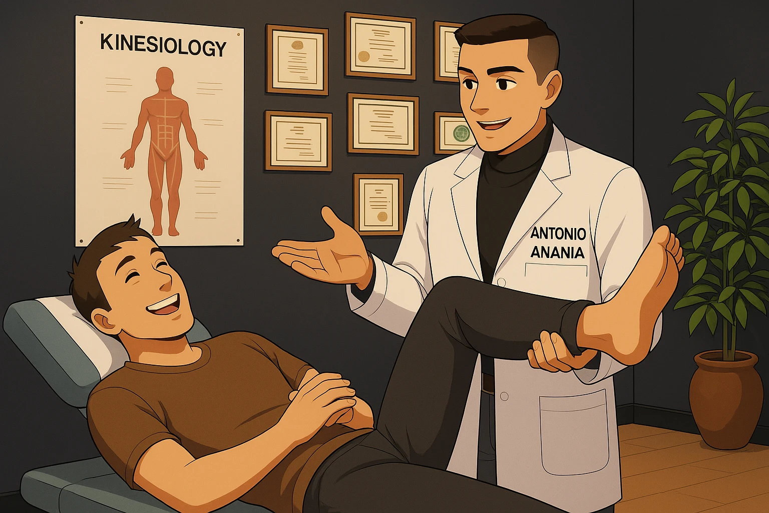 su questo lettino rappresenta un webtoon manga a colori con questo stile, in cui un uomo è steso sul lettino medico e il kinesiologo con il camice bianco (fagli anche la scritta "ANTONIO ANANIA" SUL CAMICE, gli solleva una gamba per fargli il test neuromuscolare, IL KINESIOLOGO SPIEGA ALL'UOMO UNA cosa mentre gli alza la gamba. l'espressione dell'uomo è felice e soddisfatta, non fare i fumetti però, fai solo in modo che sembri stiano parlando emoji