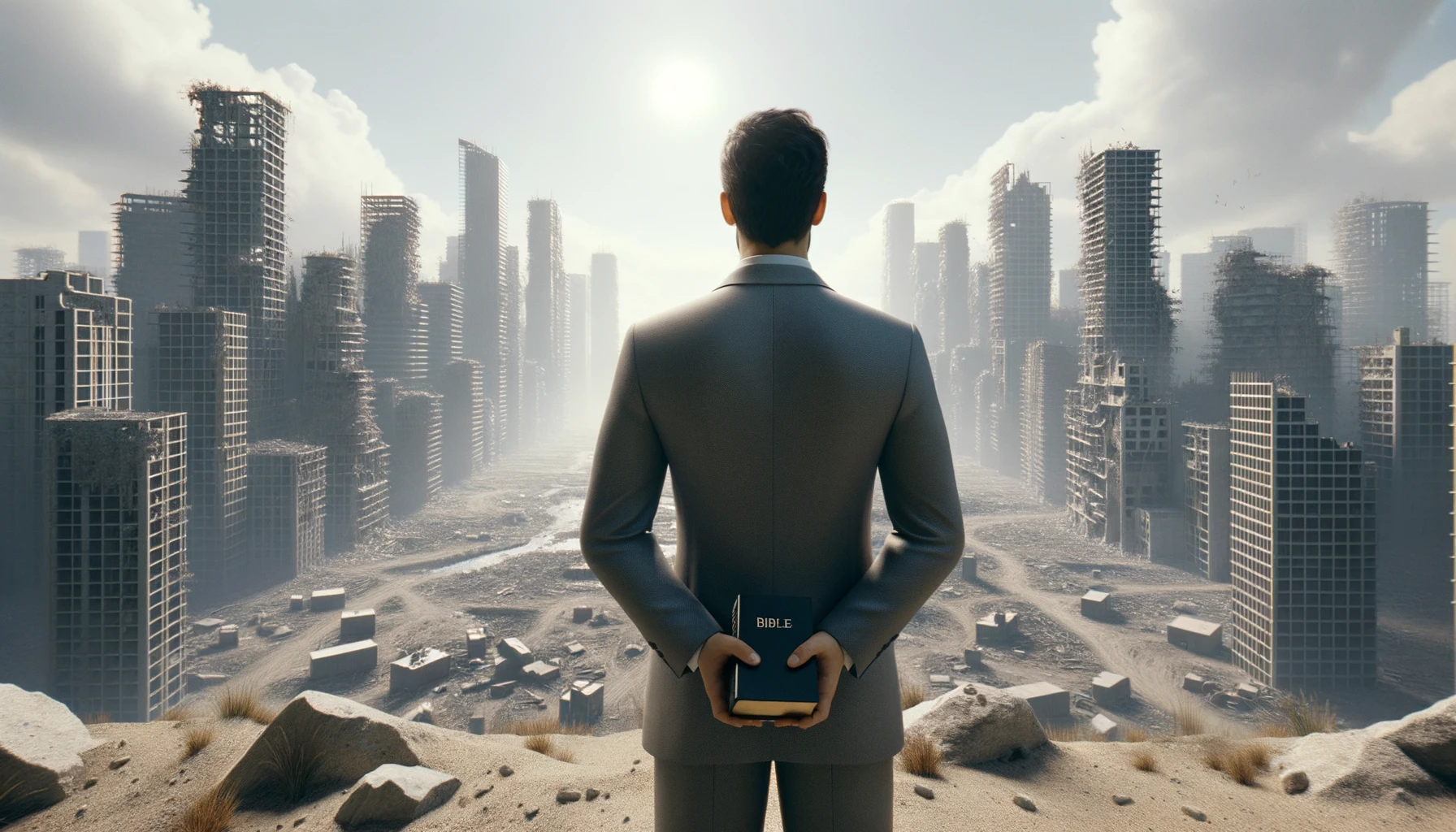 UOMO DI SPALLE DAVANTI AD UNA CITTà SMANTELLATA SENZA MURA CON UNA BIBBIA IN MANO, GUARDA LA CITTà, IPERREALISTICO 4K emoji