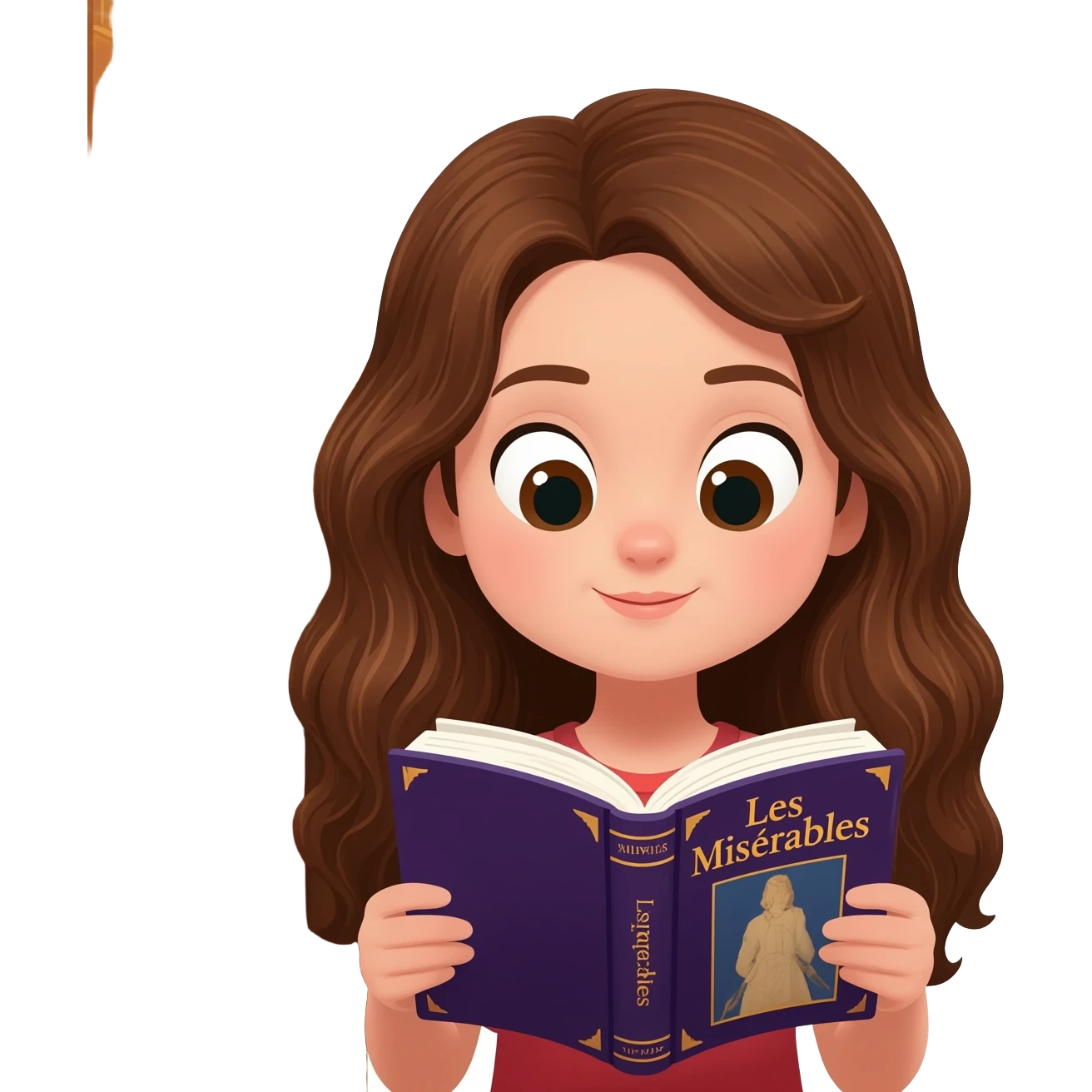 white happy long haired brunette girl reading Les mis emoji