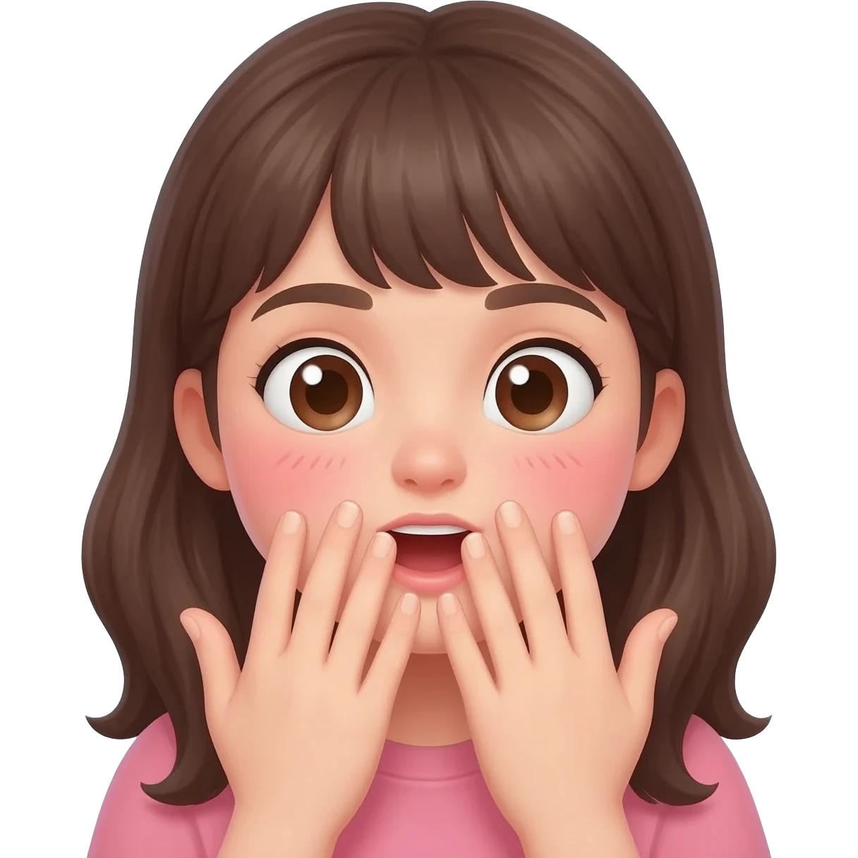 The female covers her mouth with both hands, her cheeks blushing shyly. Tiny sparkles shine in her eyes, showing a surprised and excited expression. emoji