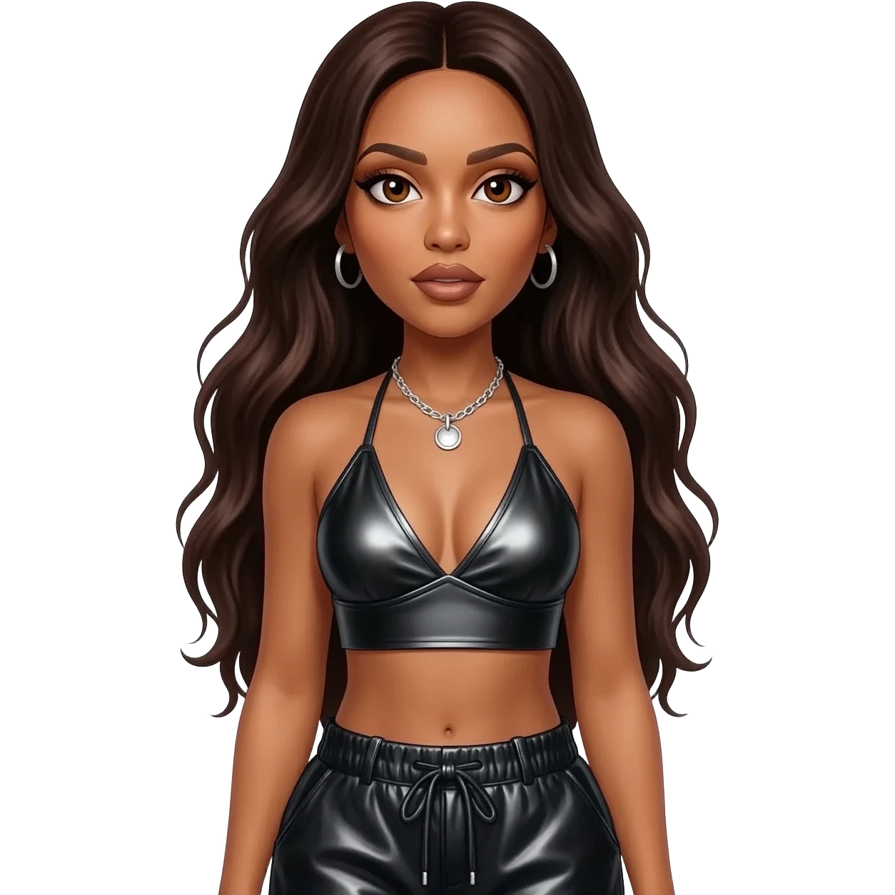 Aaliyah with brown eyes, long dark brown hair, black metallic halter crop top, black metallic baggy pants, silver necklace emoji