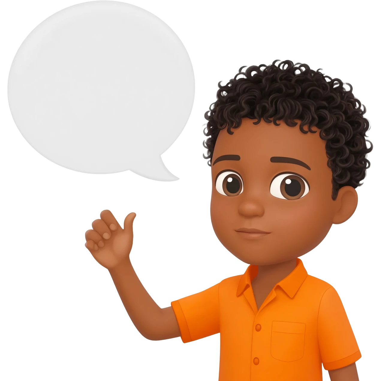black boy curly hair orange shirt talk bubble emoji