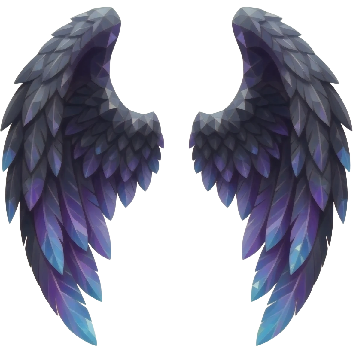 dark crystal angel wings, black with the ends of the feathers fading into purple and blue, emoji style emoji