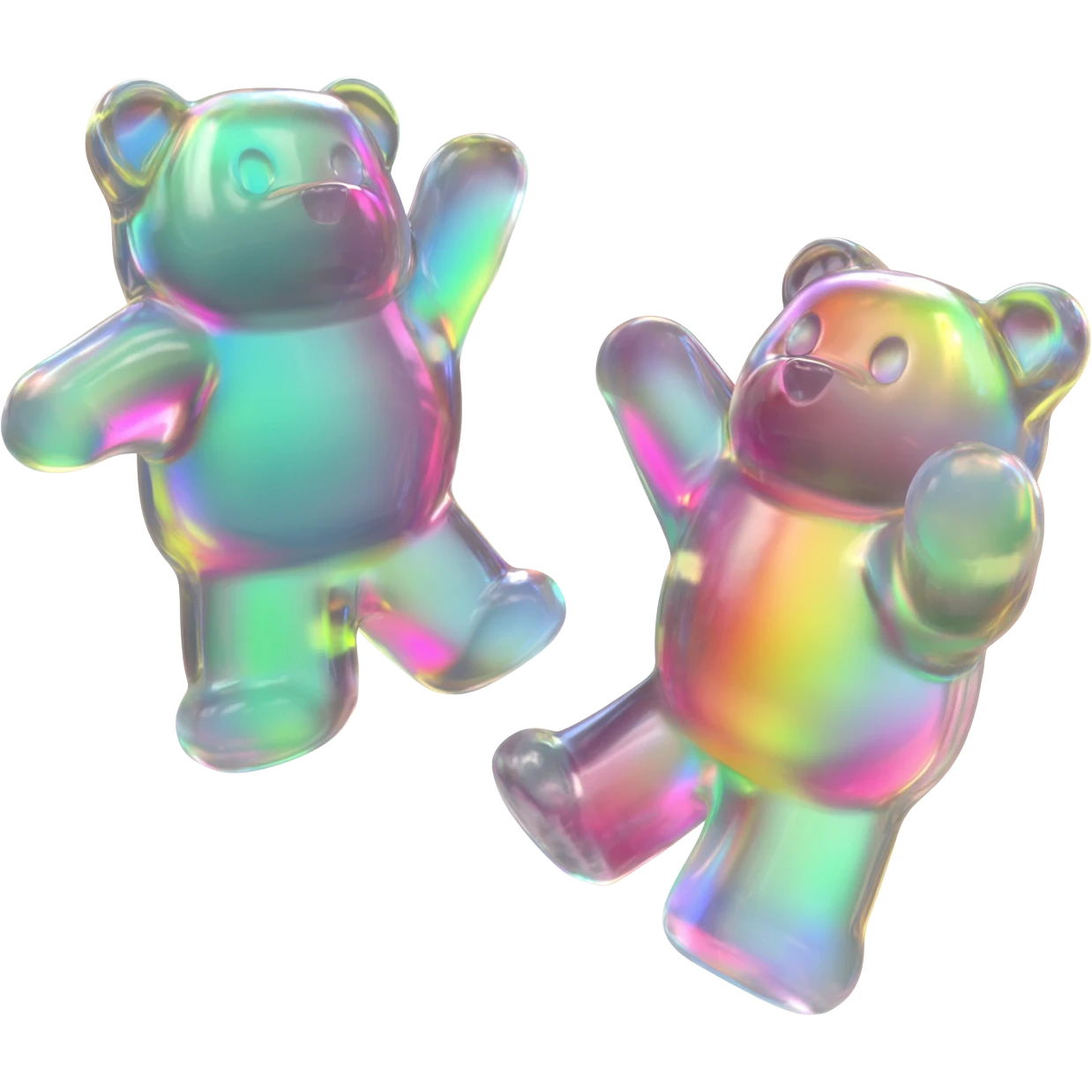 a hyper-realistic 3D rendering of a translucent, 2 holographic iridescent gummy bear mid-bounce, its plump body captured in dynamic motion as if frozen in time. The candy's surface refracts light like real gelatin, with sticky highlights gleaming along its curved edges and subtle sugar granules  emoji