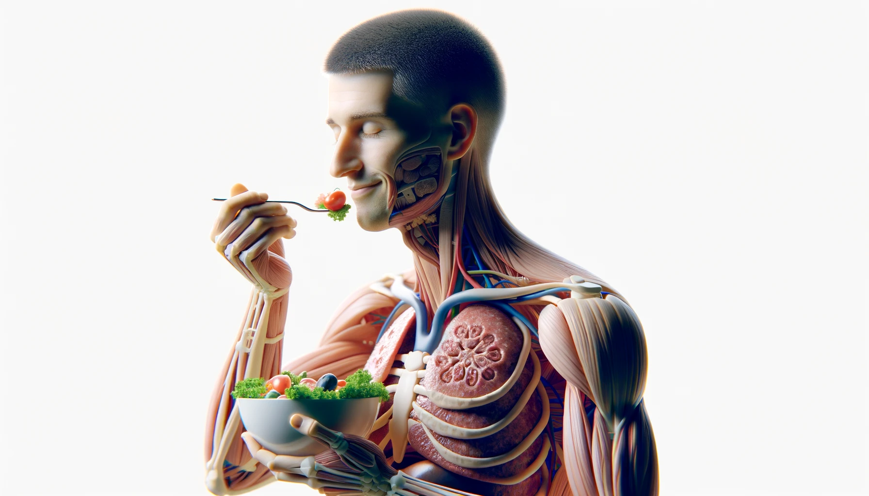 corpo umano anatomico con capelli corti che mangia un insalata con espressione serena in volto, organi sani in evidenza, iperrealistica 4k, isolato su sfondo bianco emoji