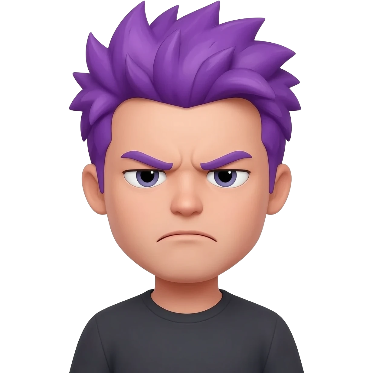 Make a guy with purple spiked up hair with a frown emoji