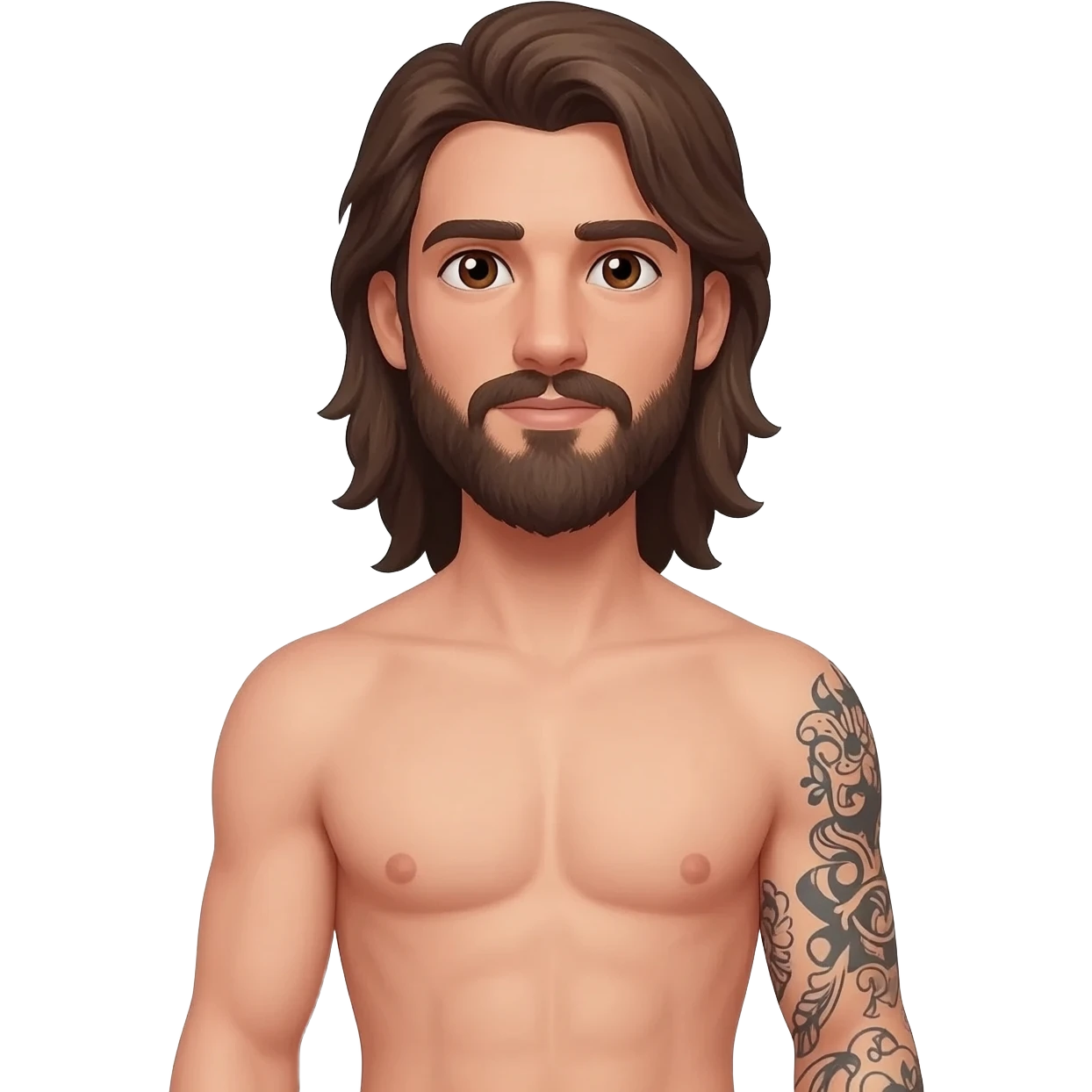 Male brunette, brown eyes beard, long hair tattoo on the arm sleeve with a long 10 inch penis, full body nude emoji