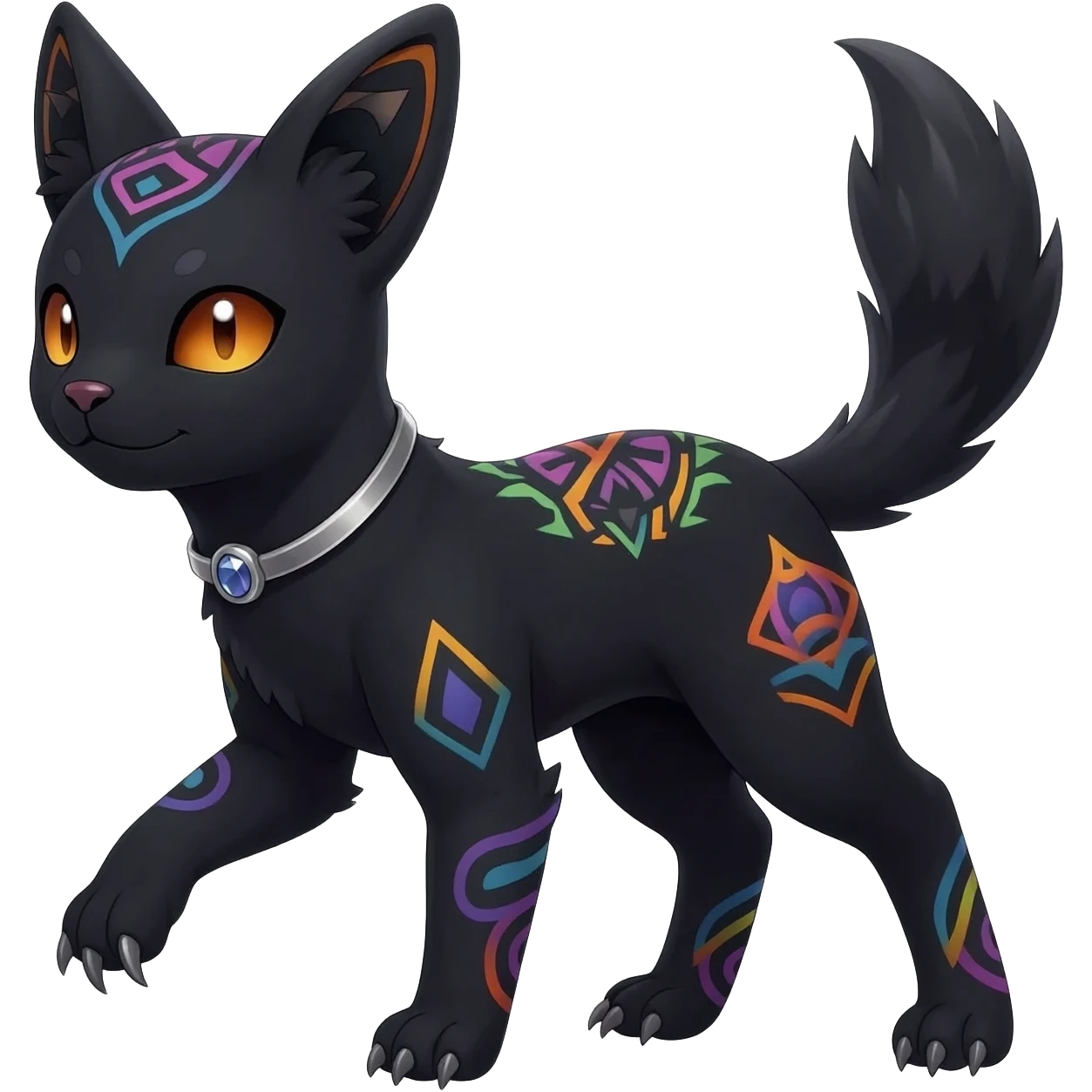 Rare charcoal-black exotic cute epic aesthetic gothic colorful Salandit-Eevee-Civet-species-Fakemon-hybrid-creature, with a collar, and with intricate colorful tribal markings, full body emoji