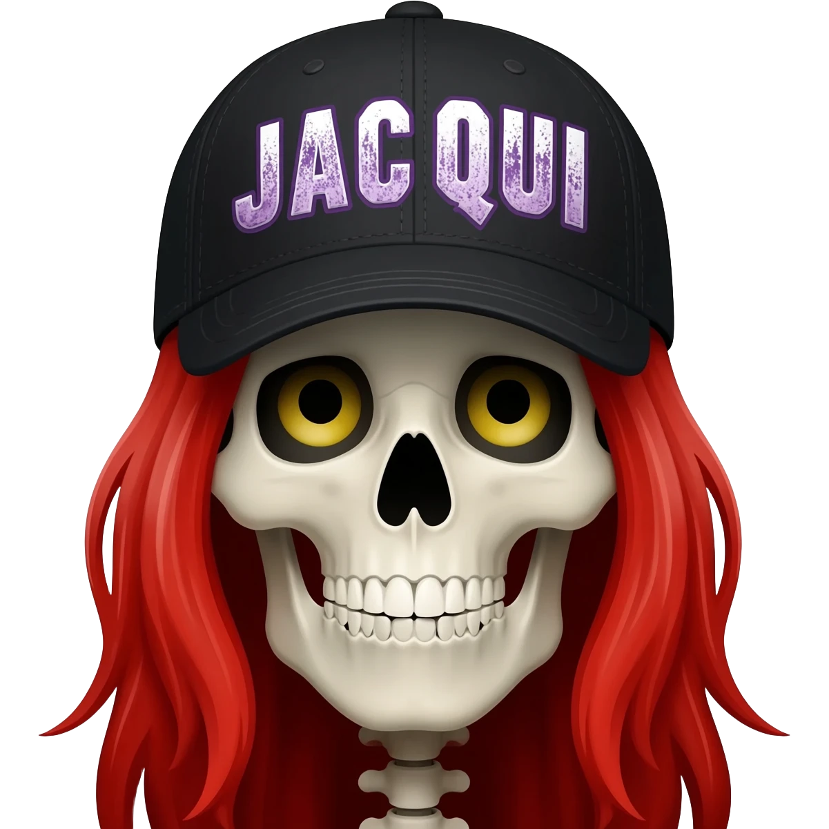 Create a skeleton head wearing a black baseball cap that says " J A C Q U I " in purple, and white lettering, with long red hair emoji
