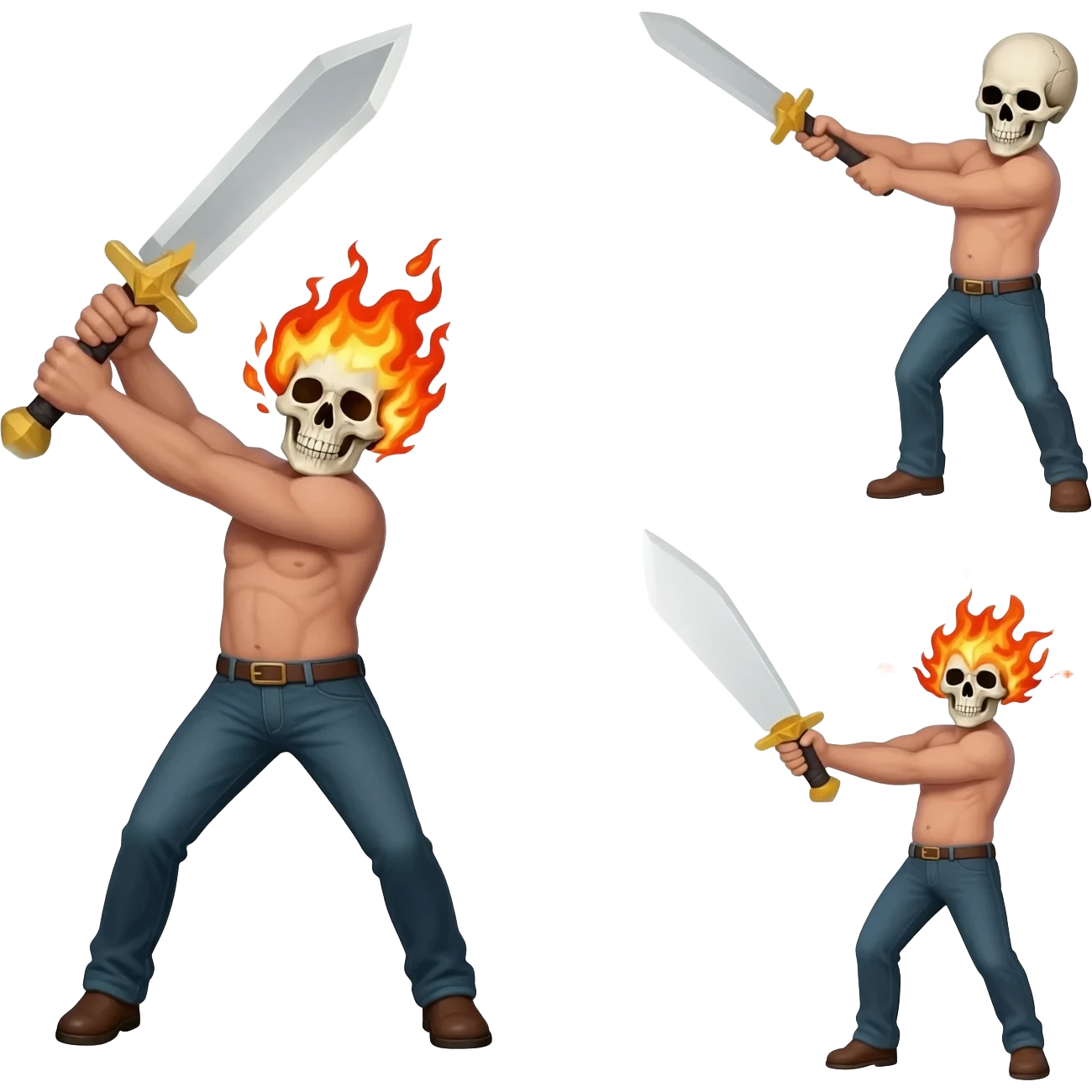 A sprite sheet of a man with a burning skull head, show the 4 stages of him swinging his large sword emoji