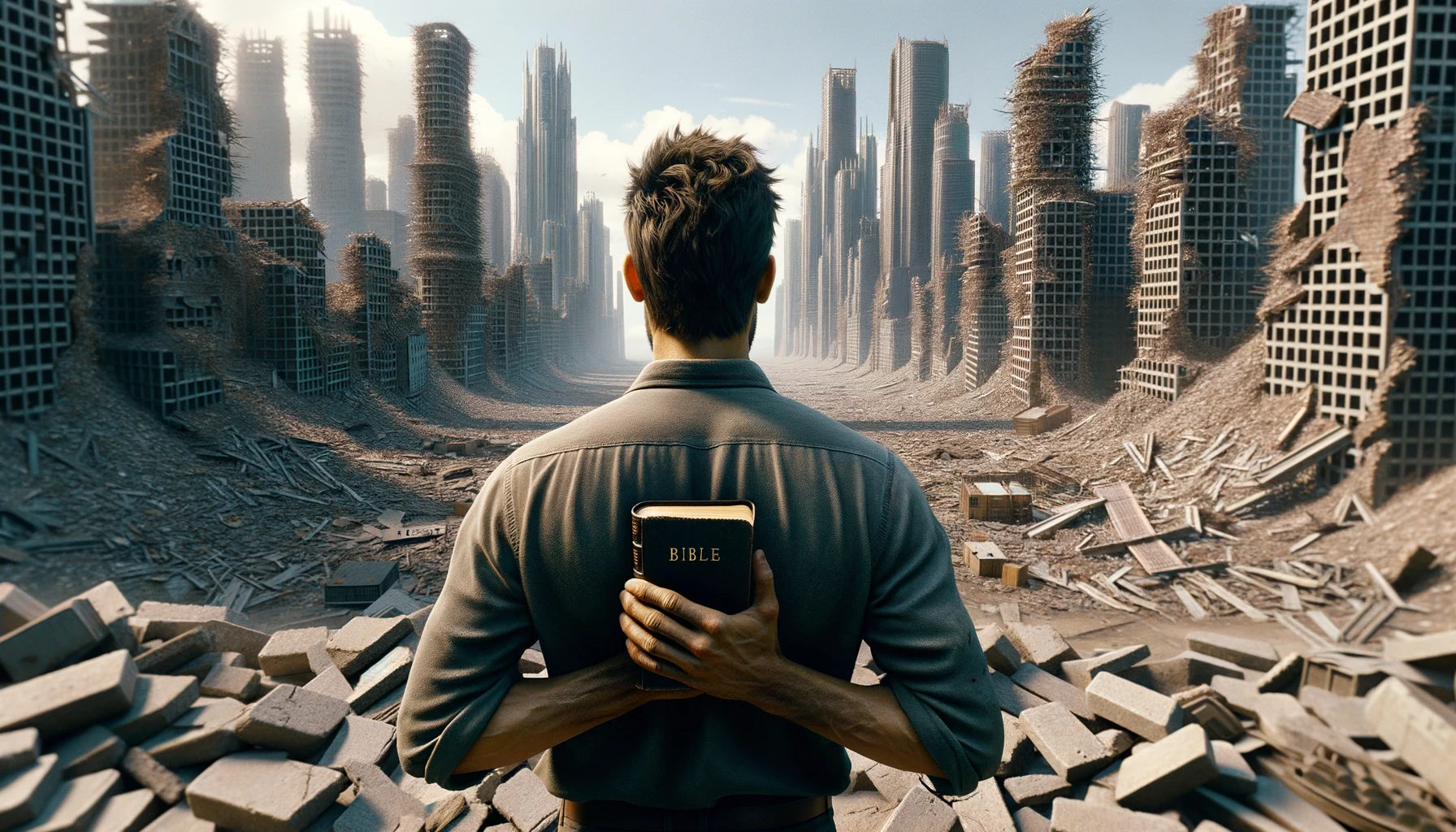UOMO DI SPALLE DAVANTI AD UNA CITTà SMANTELLATA SENZA MURA CON UNA BIBBIA IN MANO, GUARDA LA CITTà, IPERREALISTICO 4K emoji