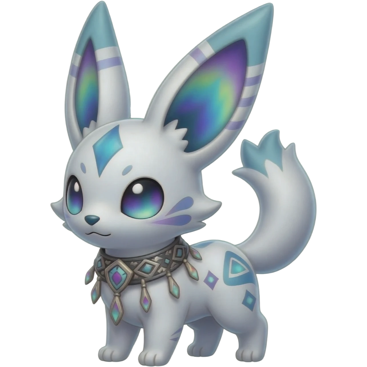 Rare iridescent silvery exotic cute epic aesthetic gothic colorful Salandit-Eevee-Civet-species-Fakemon-hybrid-creature, with a collar, and with intricate tribal markings, full body emoji
