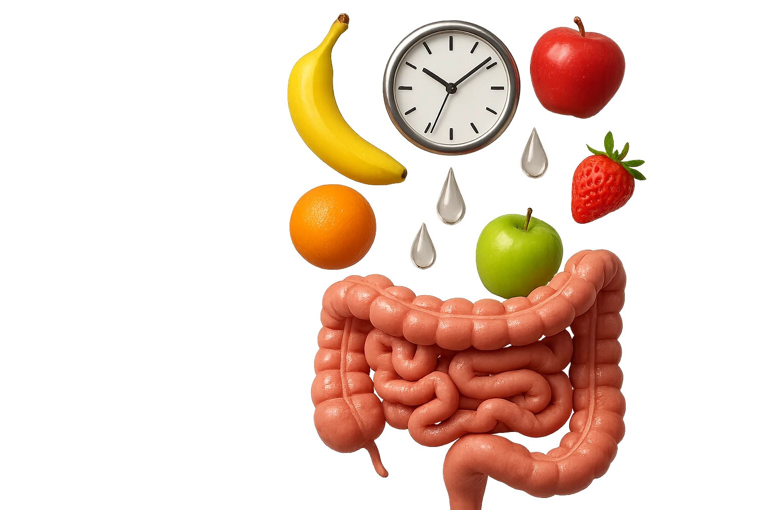 frutta mista cade dall'alto verticalmente insieme a 3 gocce di acqua 3d e un orologio da parete, davanti a questi elementi c'è un intestino umano anatomico iperrealistico emoji