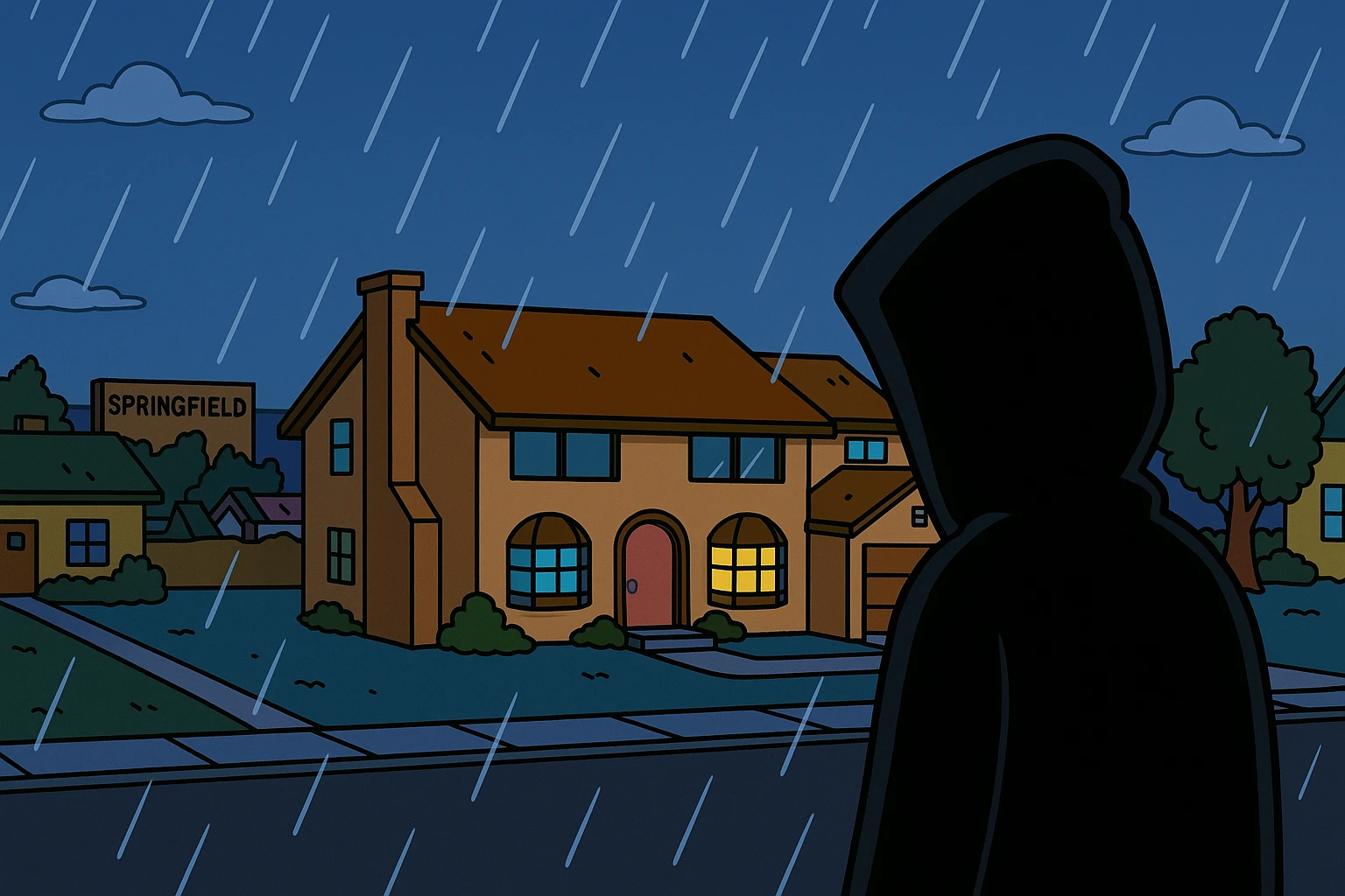 Springfield sous la pluie, la nuit. Une silhouette encapuchonnée observe la maison des Simpson. emoji