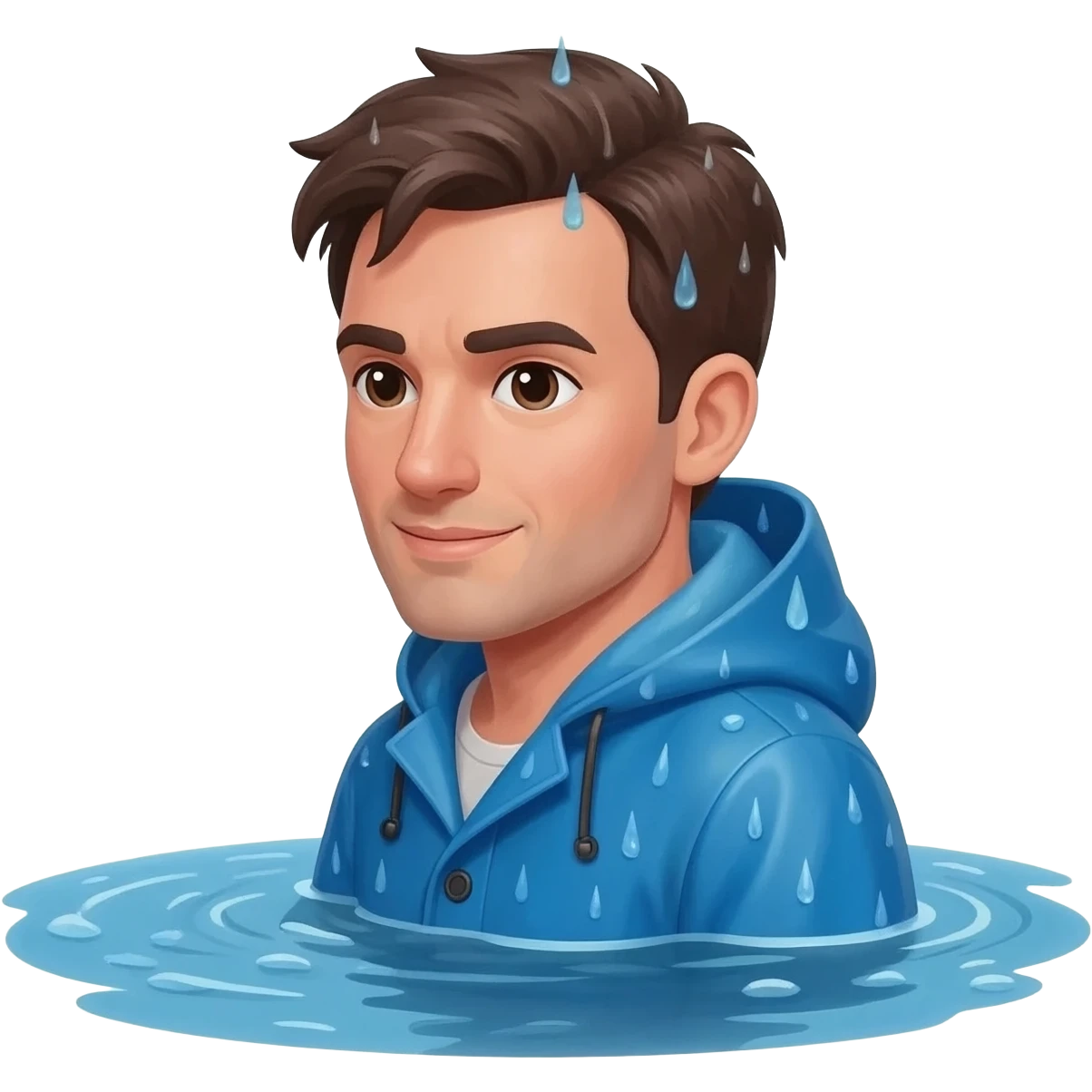 Man swimming in a raincoat with rain coming down on him emoji