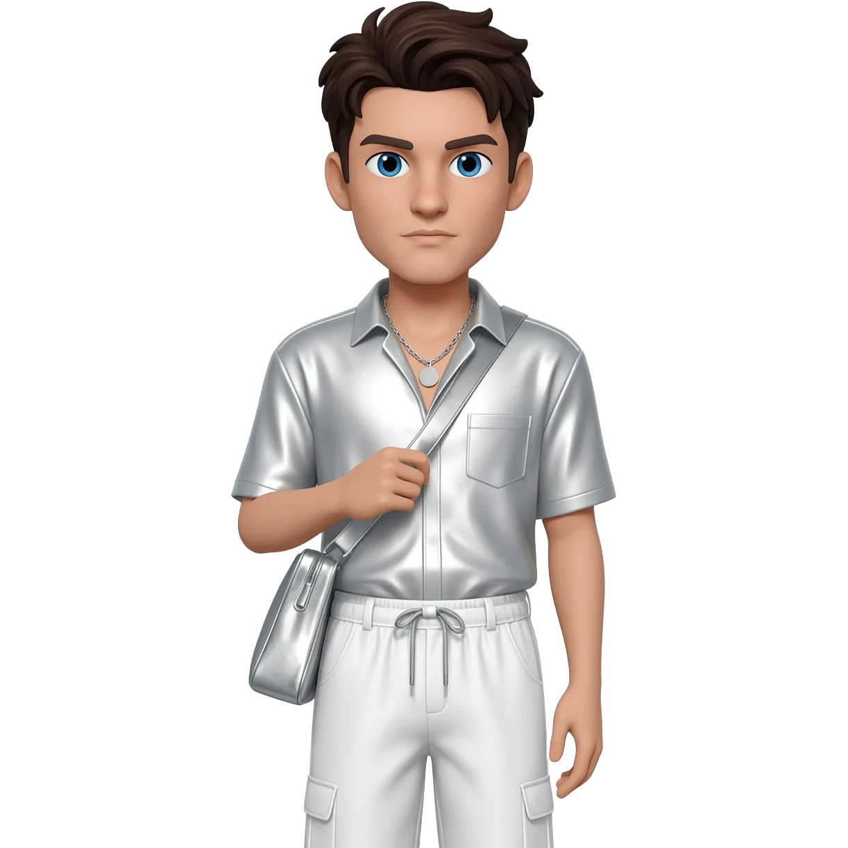 Preston Lacy with blue eyes, dark brown hair, white metallic shirt, white metallic baggy pants, silver necklace emoji