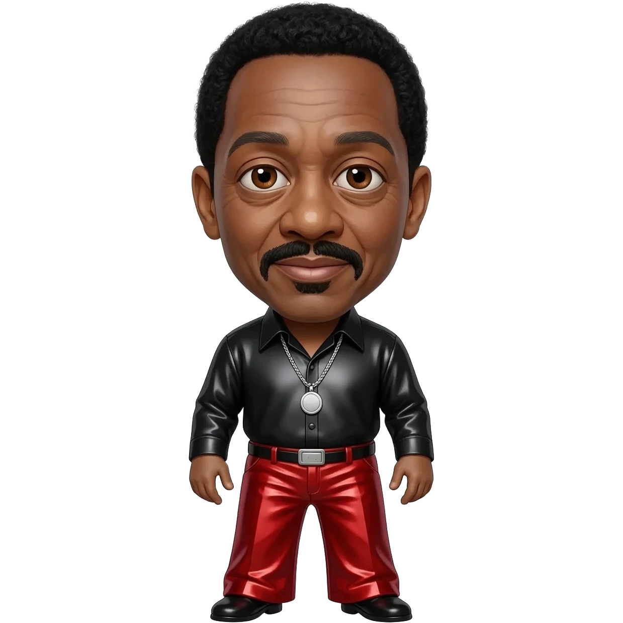 Richard Pryor with dark brown eyes, black hair, black metallic shirt, red metallic wide leg pants, silver necklace emoji
