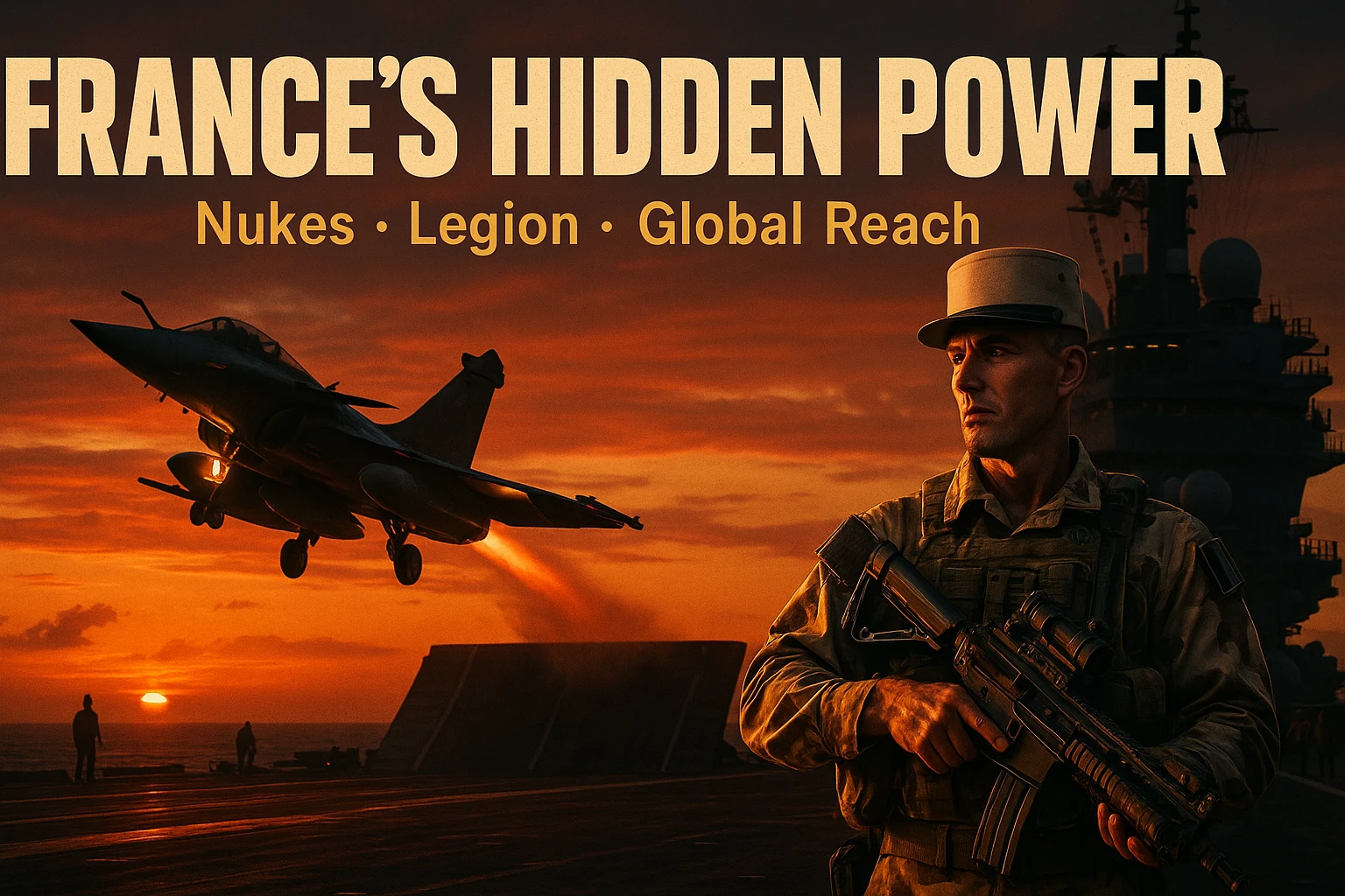 Cinematic dusk, 16:9: Rafale jet launches from Charles de Gaulle carrier, orange sunset. Foreground: Legionnaire in desert camo, holding advanced rifle. Bold tricolor headline: ‘FRANCE’S HIDDEN POWER’. Subtext: ‘Nukes • Legion • Global Reach’. 8K, epic style, cinematic and dramatic lighting. emoji