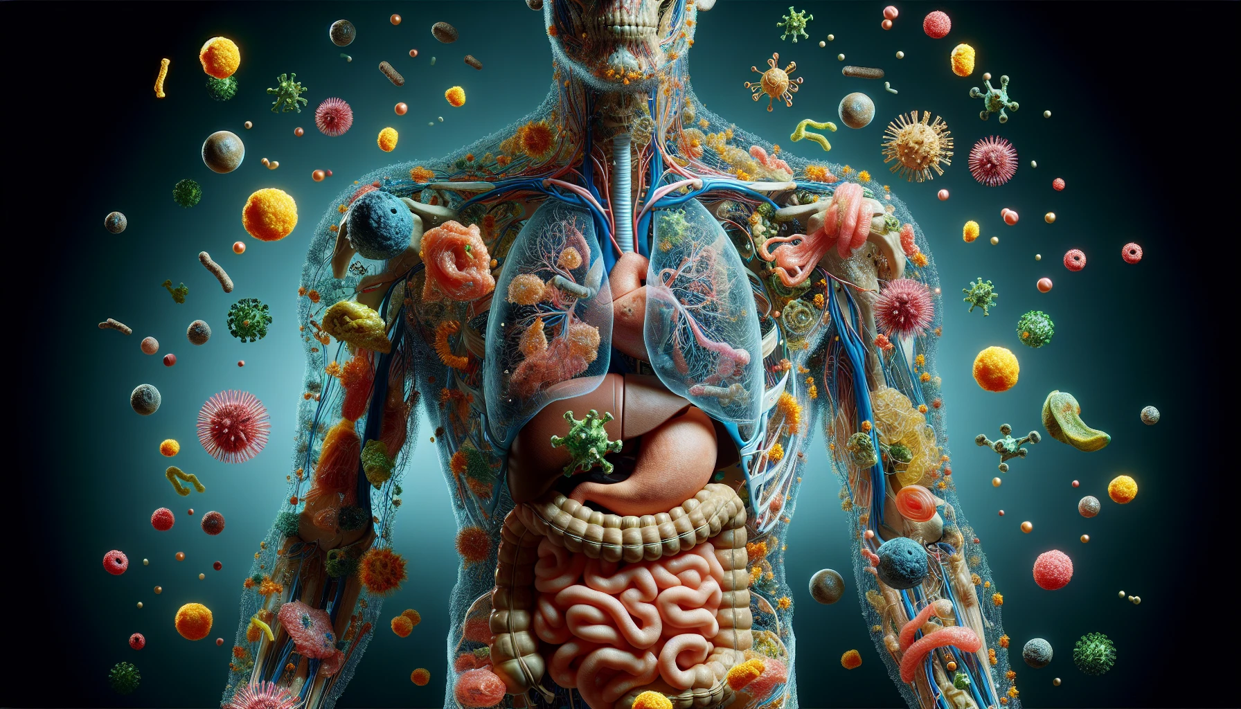 corpo umano anatomico che accumula tossine e virus e malattie nel corpo , iperrealistico 4k emoji