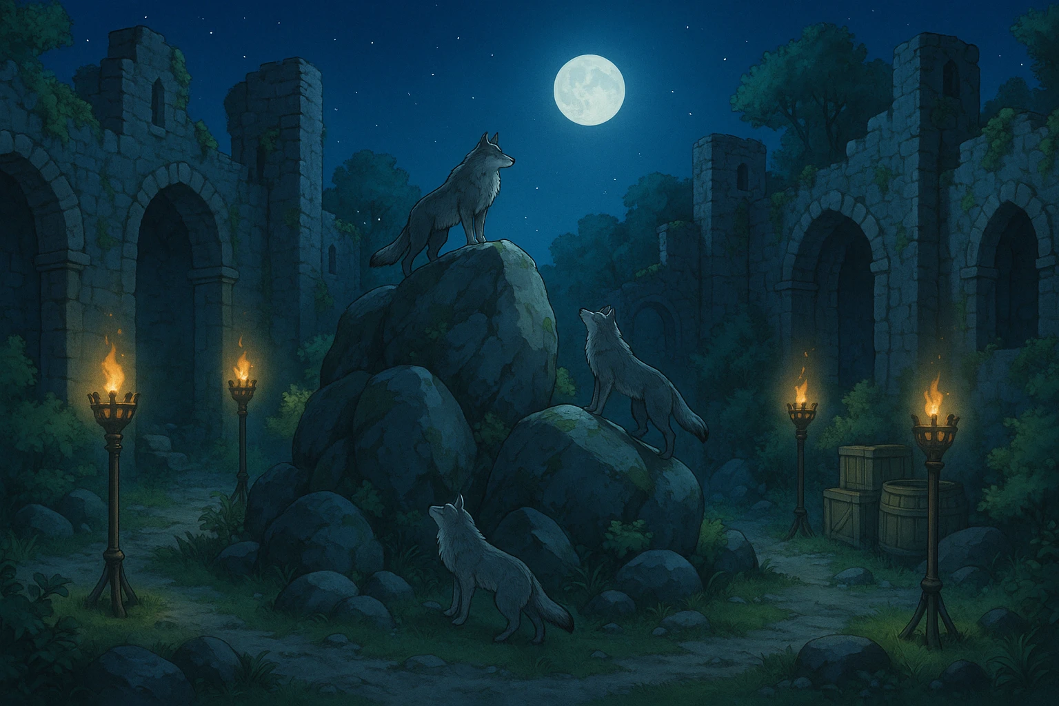 midnight within the ruins of abandoned castle yard, protrude boulders with climbing wolves, amid iron torches and crates tucked behind emoji