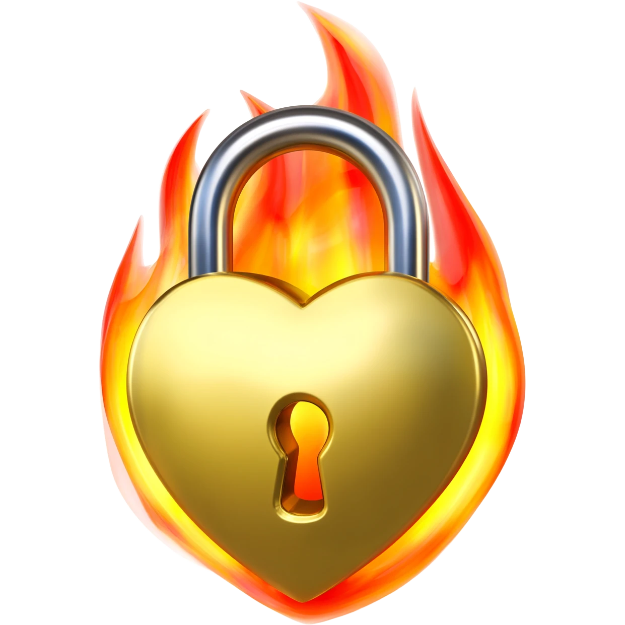 Emoji-style icon of a heart-shaped padlock made of shiny gold metal, with a keyhole in the center. Flames burning inside the heart and around it in yellow, orange, and red. Clean vector emoji design, glossy highlights, vibrant colors, centered, square format, white or transparent background. emoji