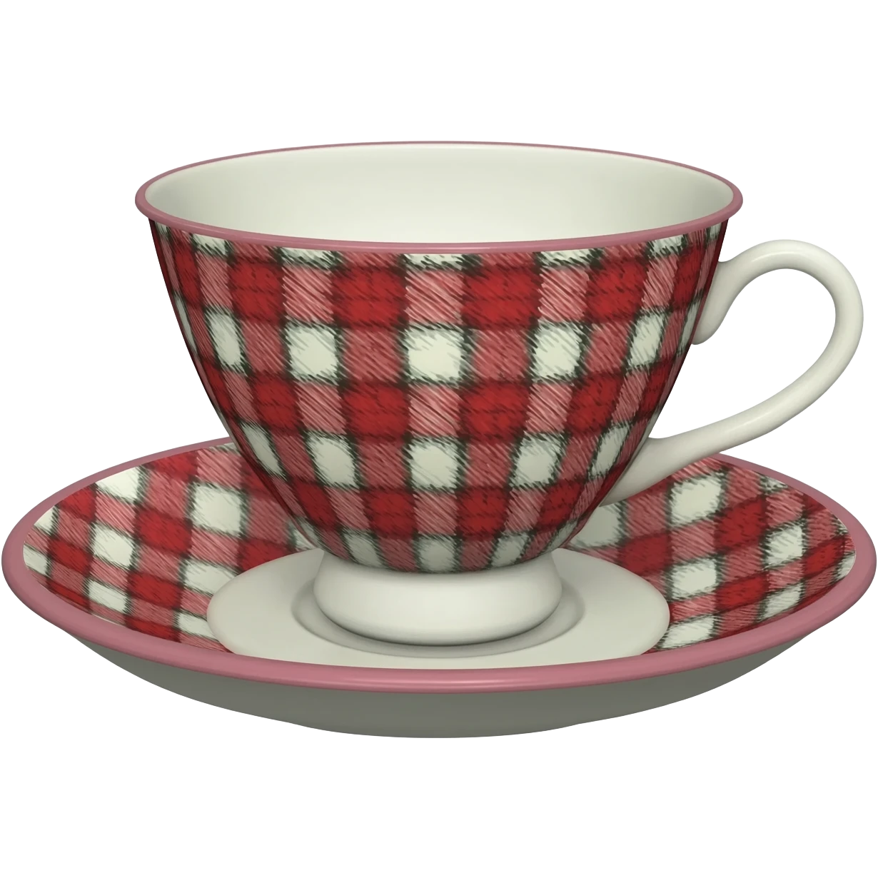 Hyperrealistic 3d rendering gingham plaid print detailed tea cup, with a gingham plaid saucer, that has a vintage vibe, 8k hd, 600 dpi, still life emoji