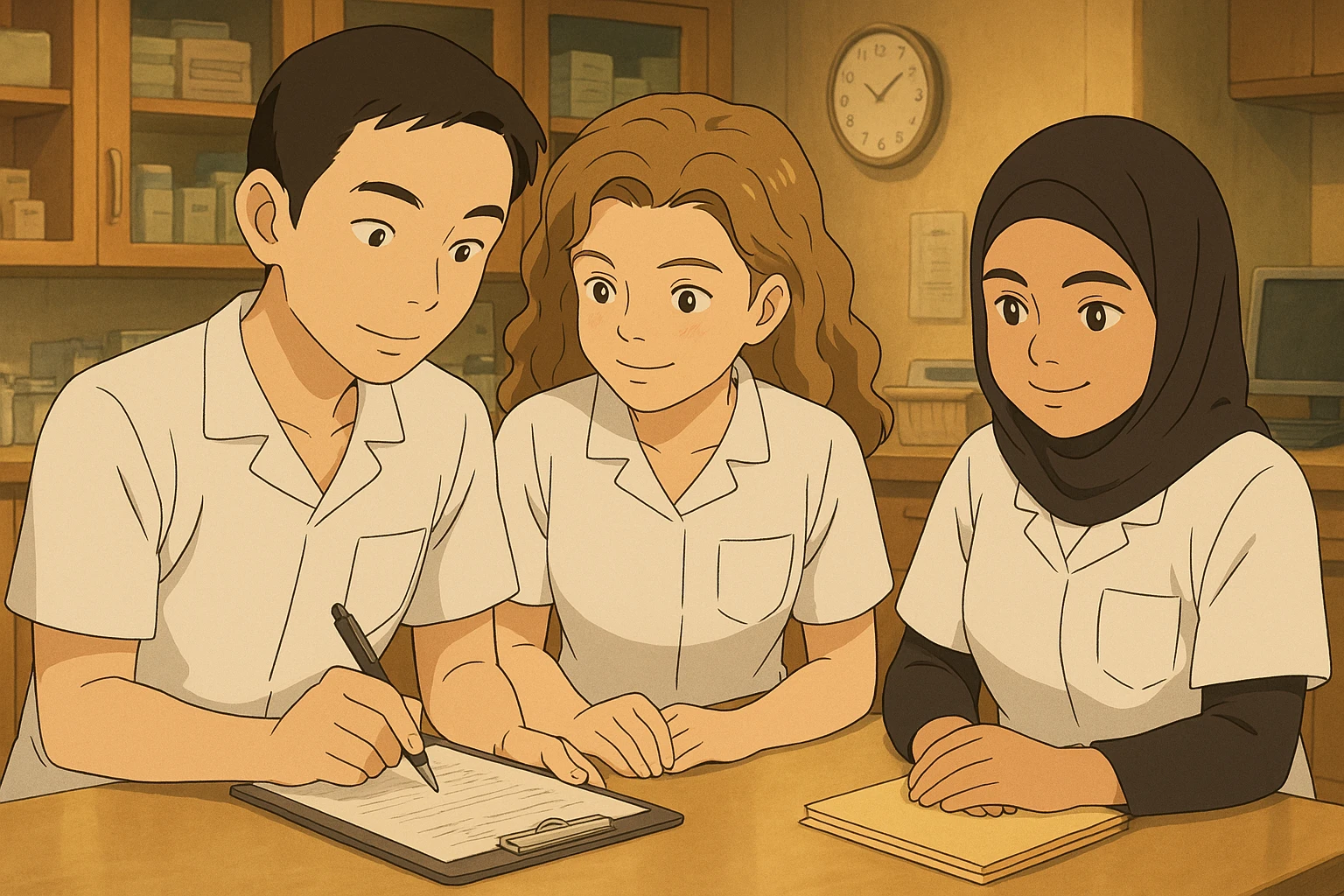Four nursing students inspired by the four provided faces, working together in a care station, in Ghibli style. They wear short-sleeved white uniforms with V-neck tunics and a left chest pocket, no stand-up collar, no stethoscopes, and nothing protrudes from the sleeves. The atmosphere is warm and professional. emoji