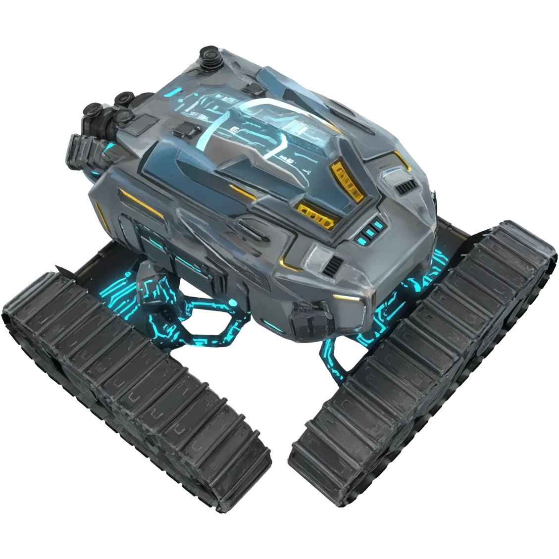 A top down view of a robot with tank tracks, in a cyber punk futuristic style far beyond what is currently available today, from the year 3000, the camera needs to be directly above the robot looking down emoji
