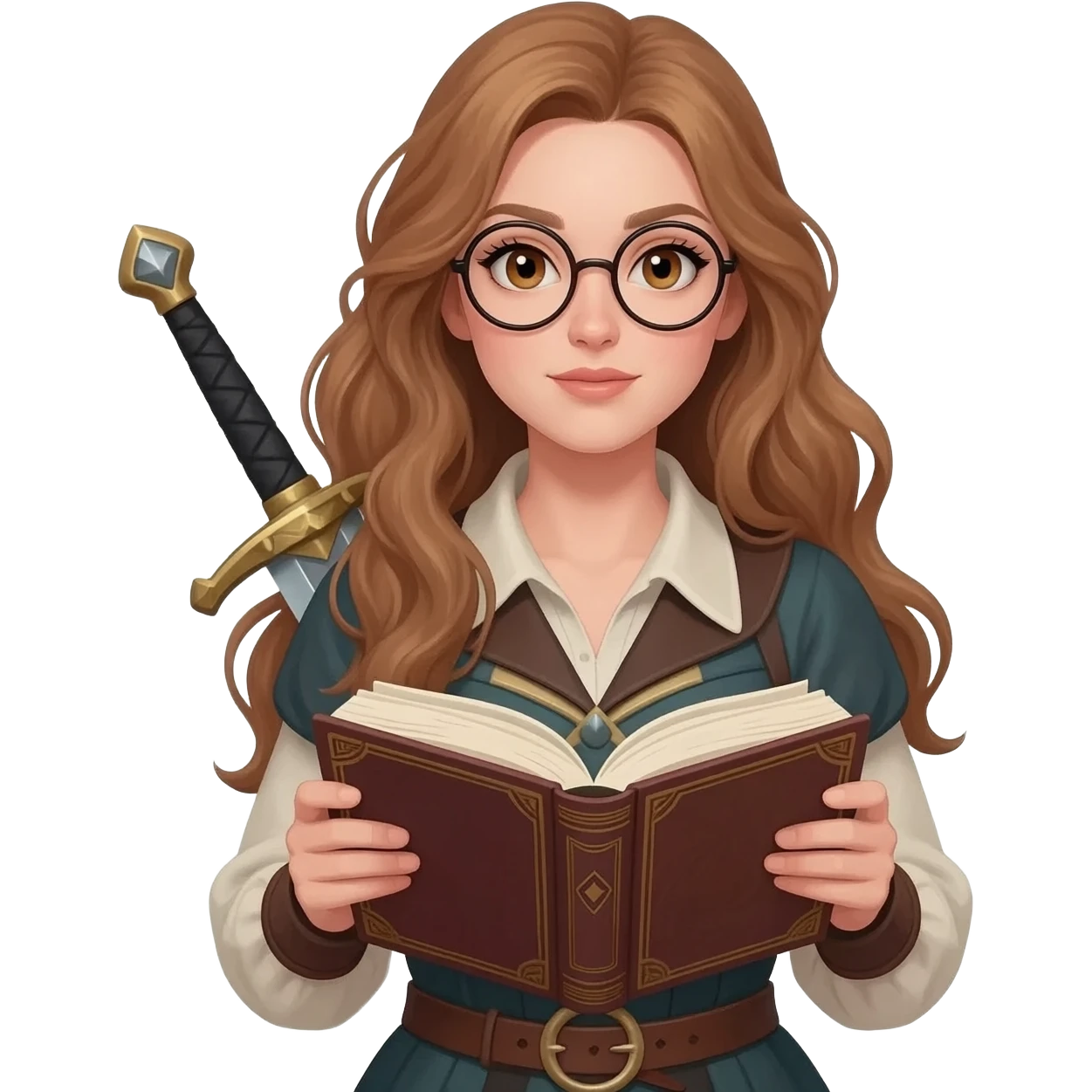 emoji style illustration of a woman with long light brown wavy hair, light brown eyes and round glasses holding an open book, with a sword on her back, fantasy heroine reader aesthetic emoji