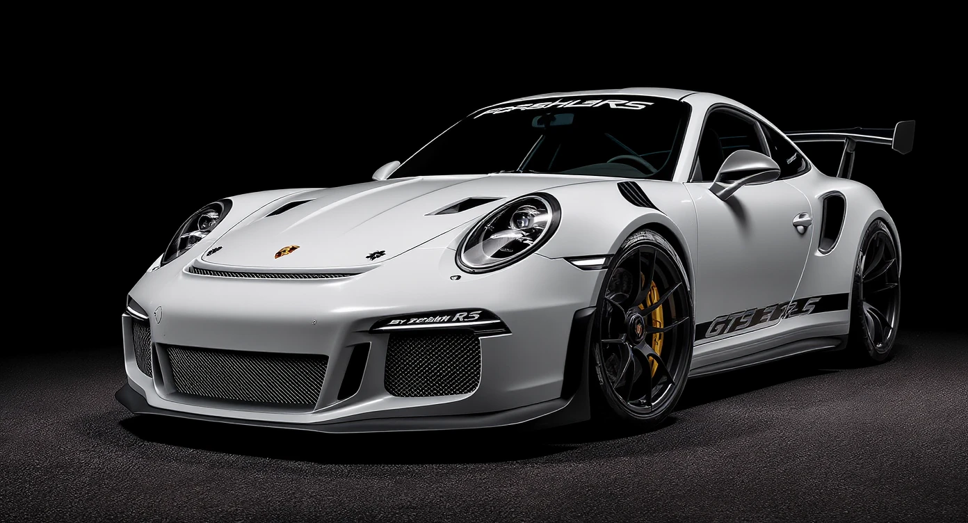 a stunning close-up of a porsche 911 gt3 rs , set against a black solid background. emoji