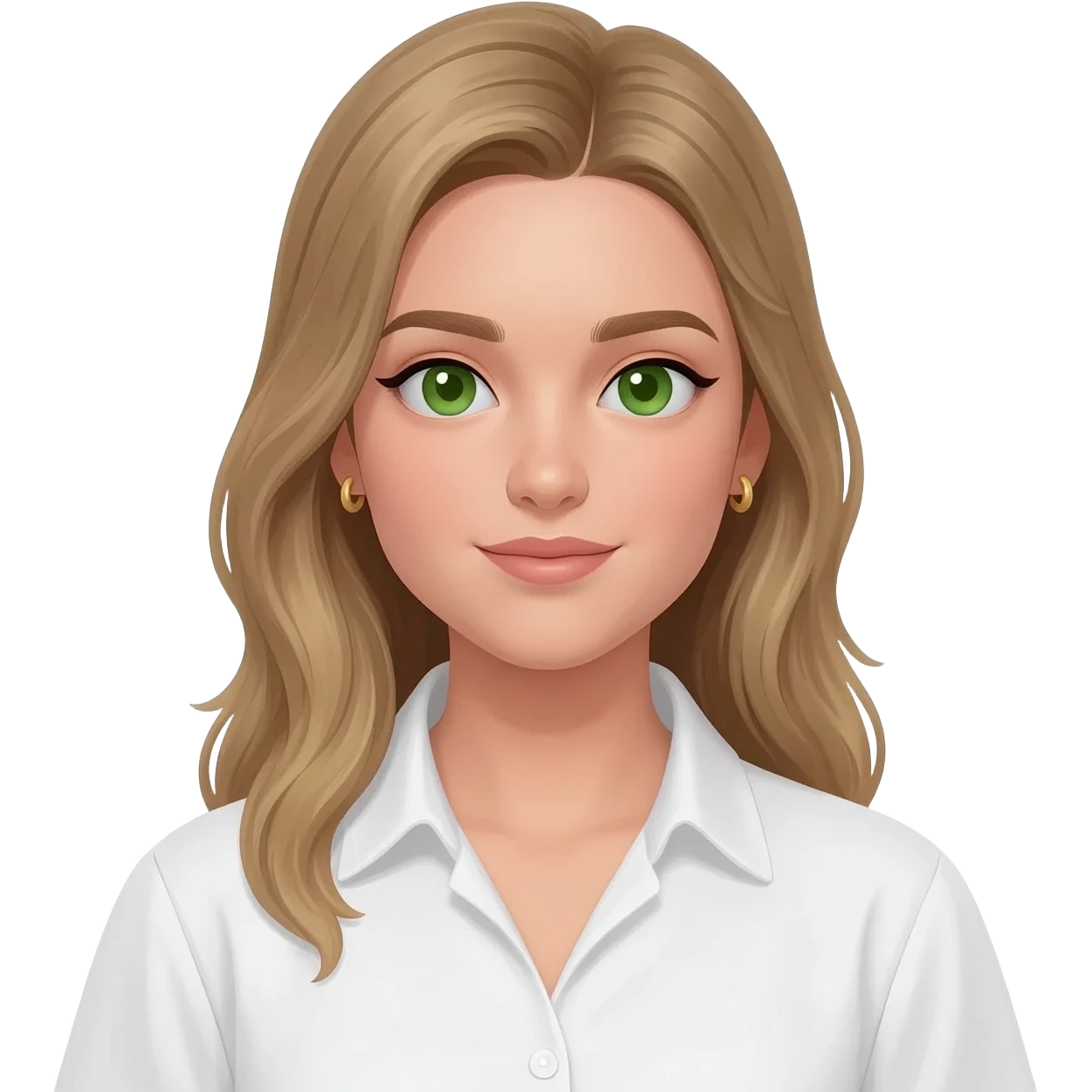 dark blonde girl, green eyes, gold small hoops, white shirt emoji