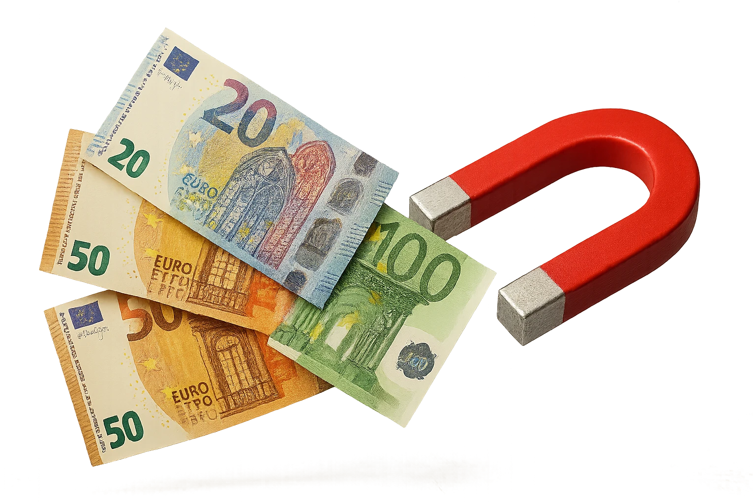 banconote di euro fluttuano vicino ad una calamita rossa, sono attratte, iperrealistico 4k emoji