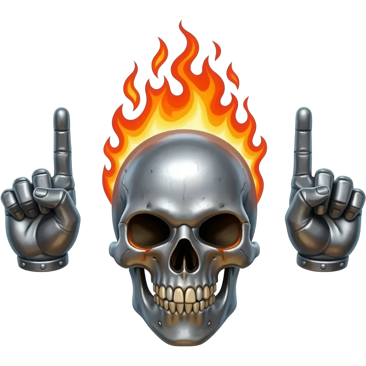 Calavera de Heavy metal con llamas y con los dedos de las manos saludando emoji