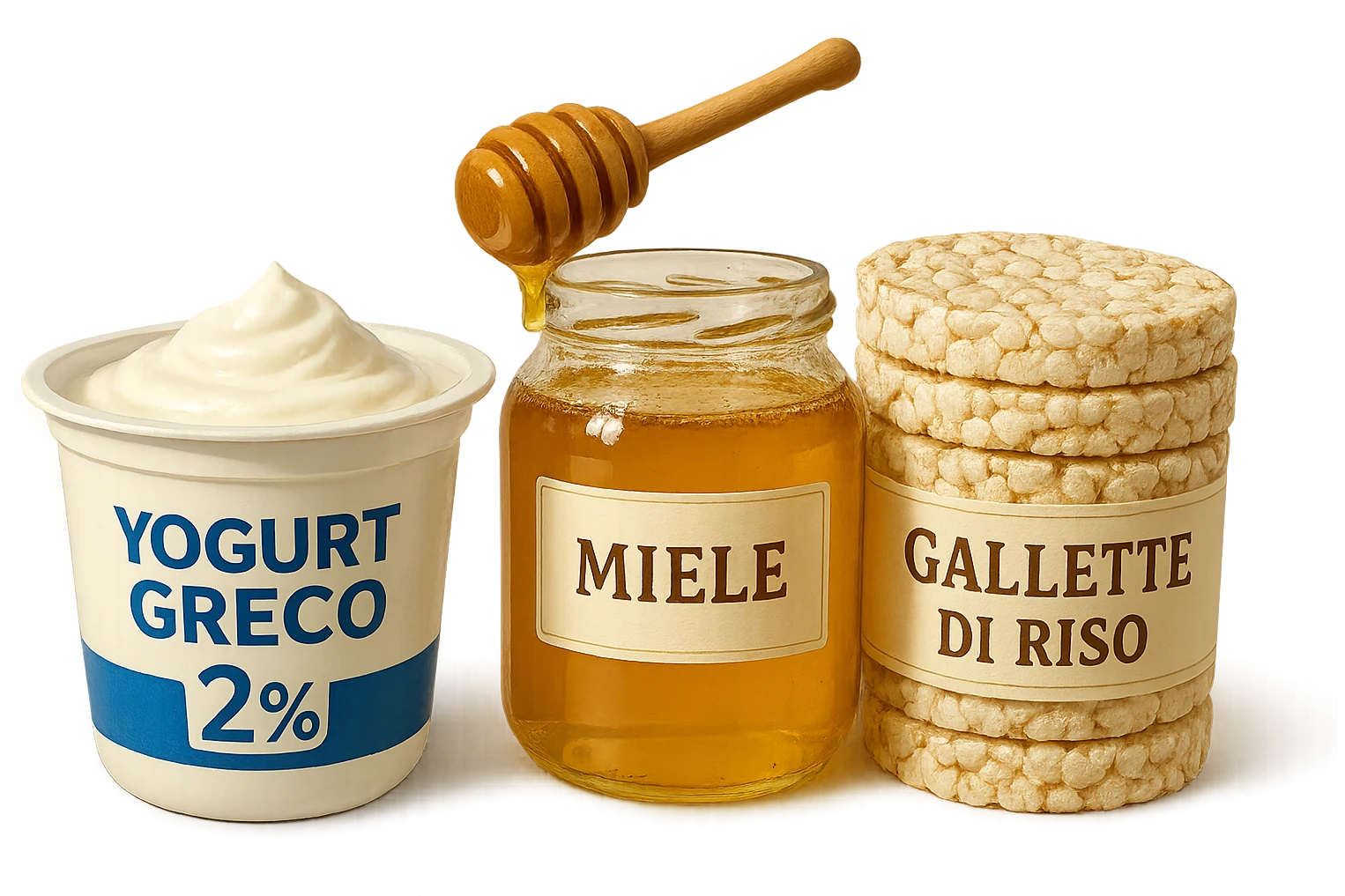 Yogurt Greco 2%
Miele
Gallette di Riso
vista frontale, iperrealistico 4k emoji