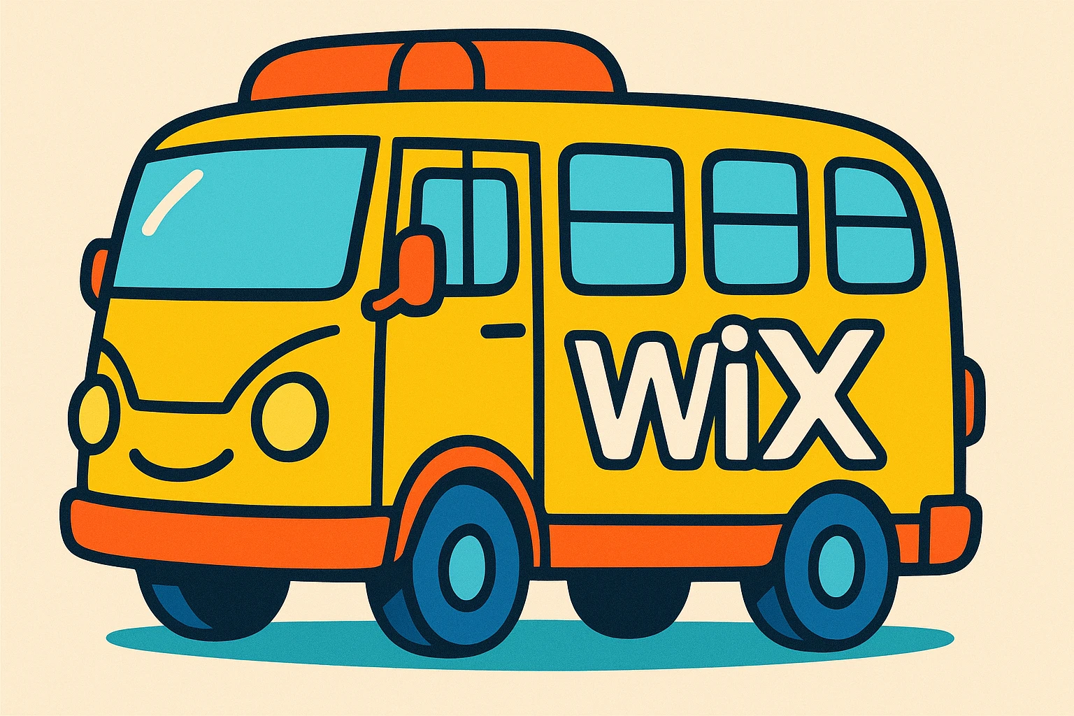 a bus with the Wix logo, playful cartoon style emoji