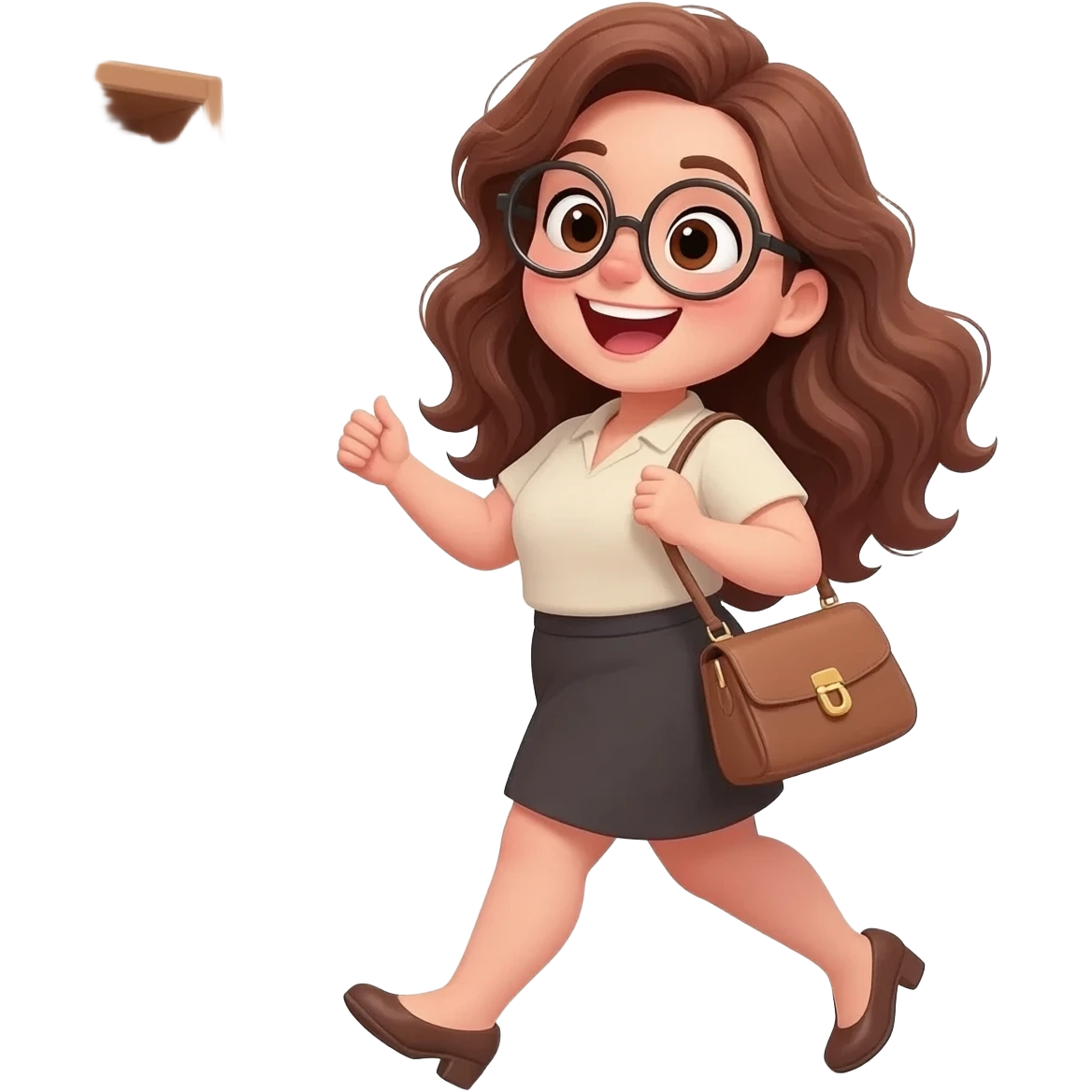 detailed emoji illustration of a curvy woman with long chestnut brown wavy hair, big light brown eyes and round glasses walking to a bookstore, carrying a handbag, happy and excited expression, cute emoji style illustration emoji