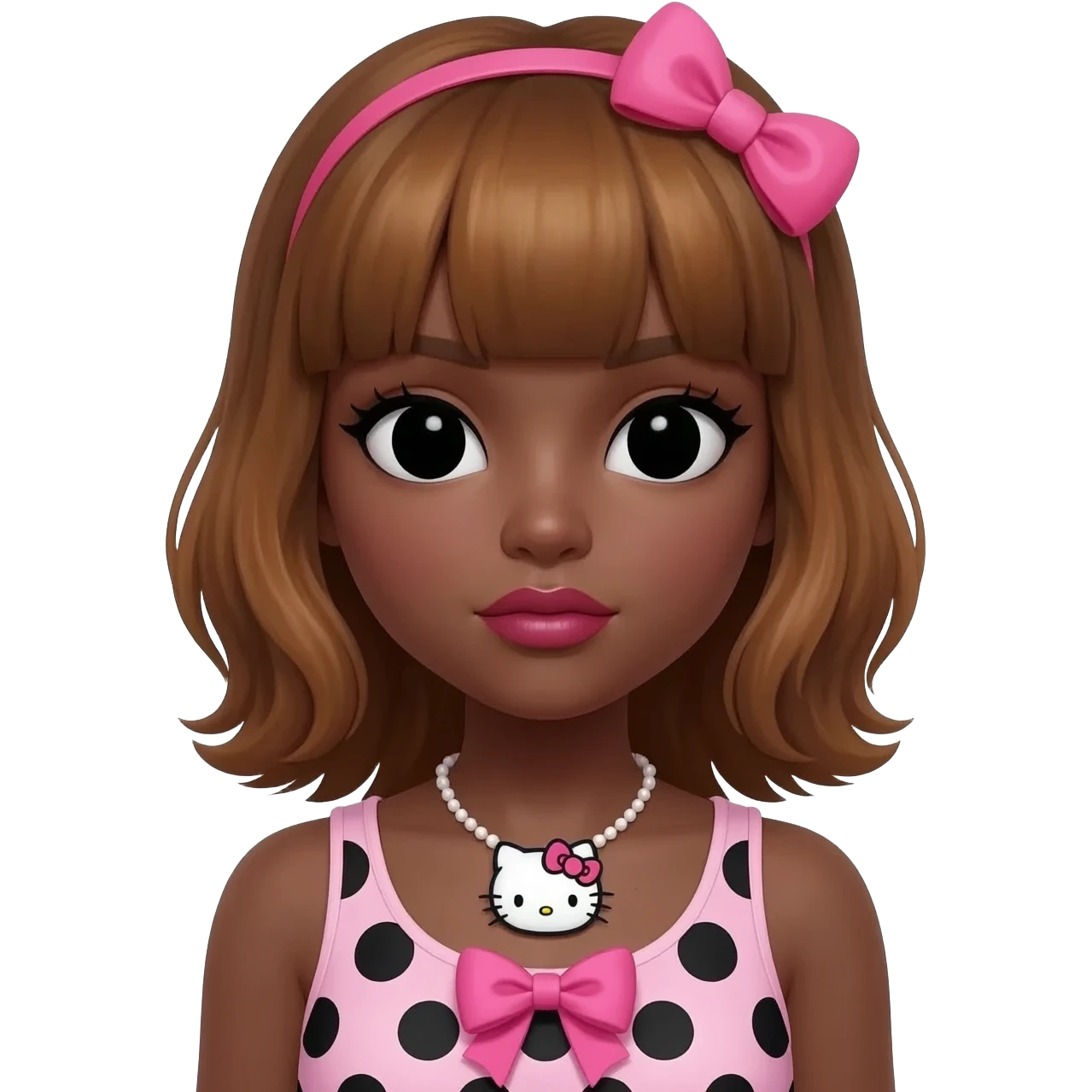 Doll faced shaped, hello kitty necklace, bimbo, black doll eyes, Big lips barbie, dark brown skin with honey brown hair, bimbocore outfit light pink and black polkadots tank top with designed pink bow on it emoji