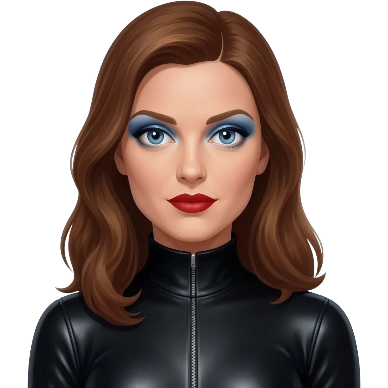 Emma Peel from James Bond Series with blue eyes, red lipstick, periwinkle eyeshadow, long brown hair, black metallic turtleneck jumpsuit emoji
