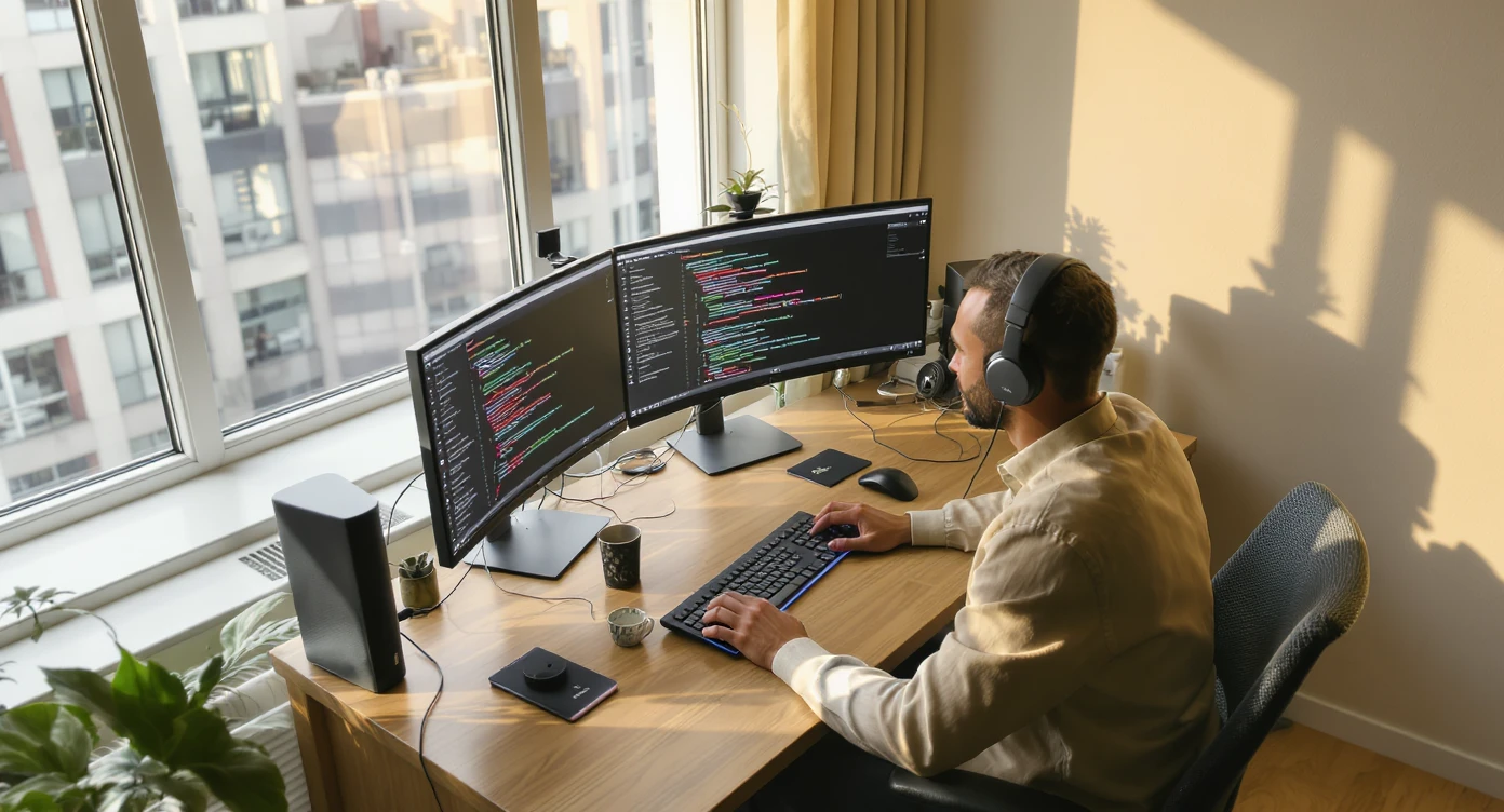 Cinematic shot of a programmer programming on tripple display setup PC, top dutch angle, Warm bright vibe, modern clean expensive minimalistic apartament, model is dress like designer, morning, big window, captured on arri alexa emoji