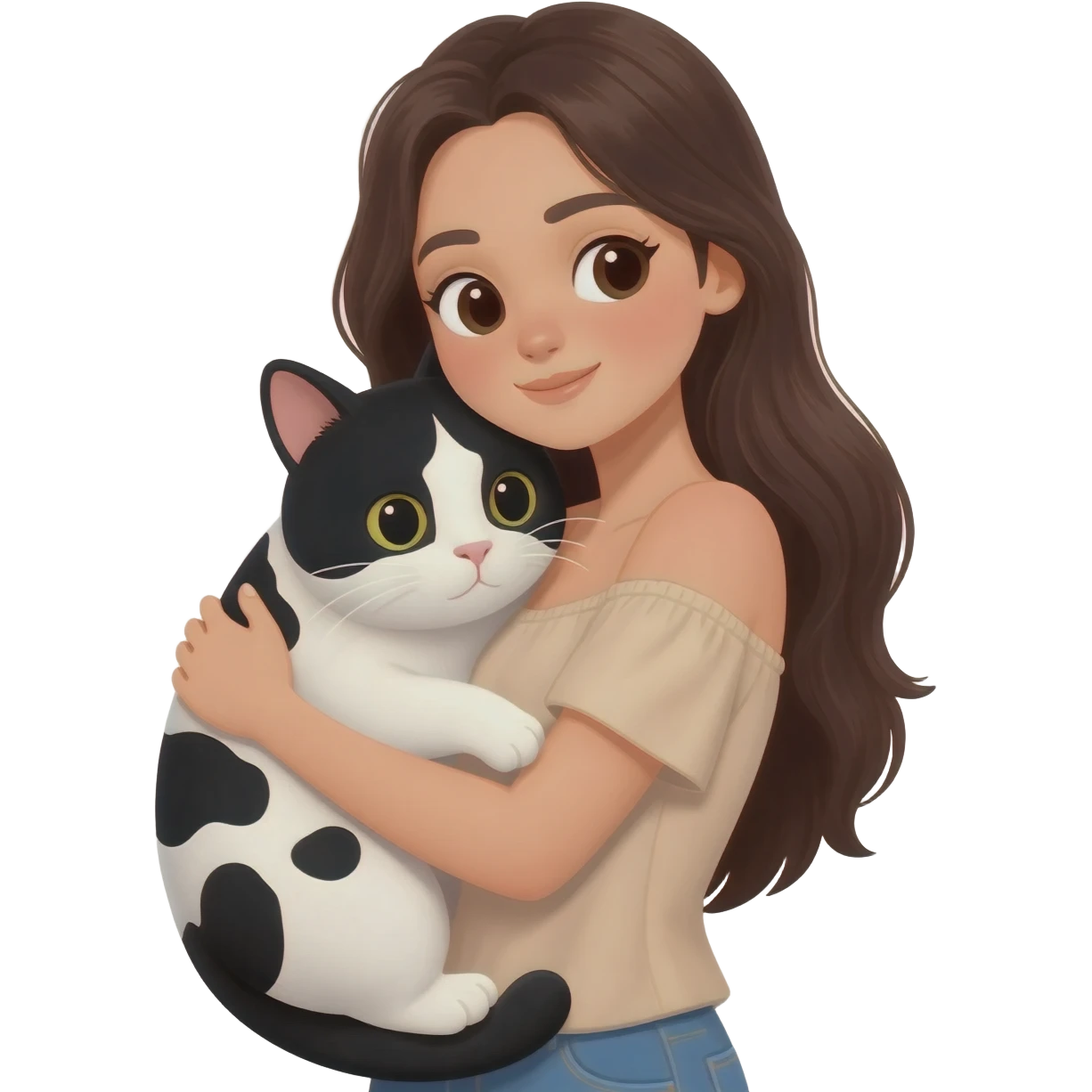 A young woman with long dark brown hair, wearing a nude off-shoulder top, hugging a black and white cow-patterned cat, 3D emoji ios style, white background,Turn to face forward. emoji