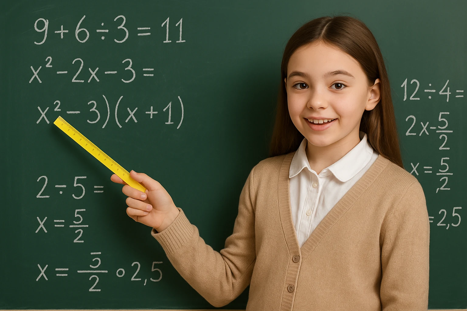 Edit the image to place the girl behind a green chalkboard filled with math equations. She is wearing a beige cardigan over a white collared shirt and is holding a yellow straight ruler, using it to point at the chalkboard. The chalkboard is behind her, and she is in a teaching pose. Maintain a natural and clear composition with the girl in front and the chalkboard visible behind her. emoji