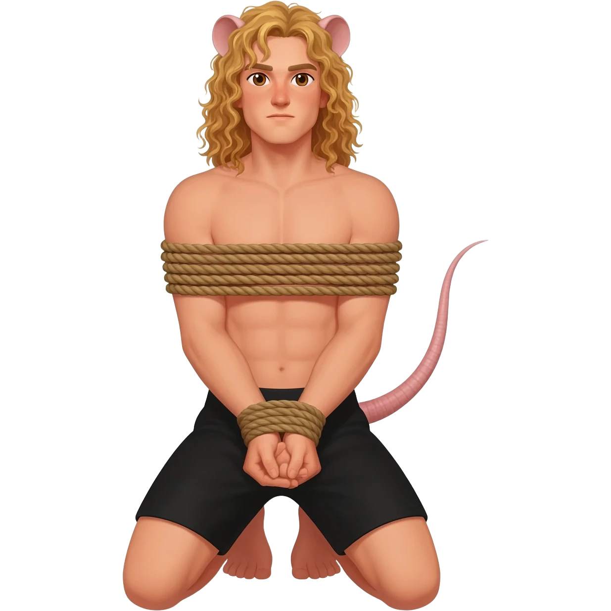 man with brown eyes, curly long blond hair. he has rat tail and rat ears. he dressed in black shorts. he is on his knees. her arms are tied up with ropes emoji