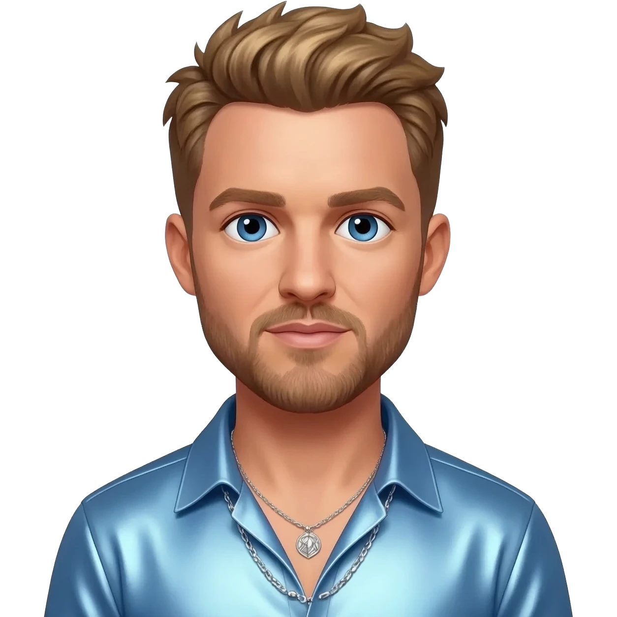 Justin Timberlake with blue eyes, golden brown hair, powder blue metallic shirt, silver necklace emoji