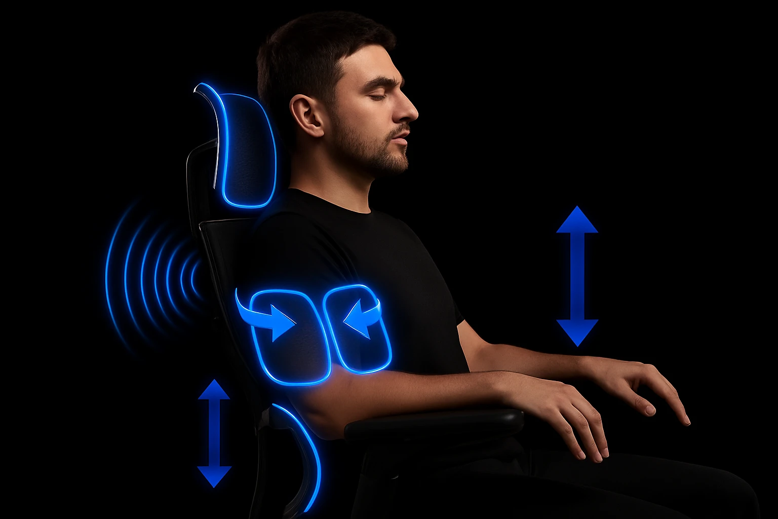 Youtube thumbnail of person using ergonomic chair, black solid background, neon light, closeup showing details of ergonomic chair, symmetrical emoji