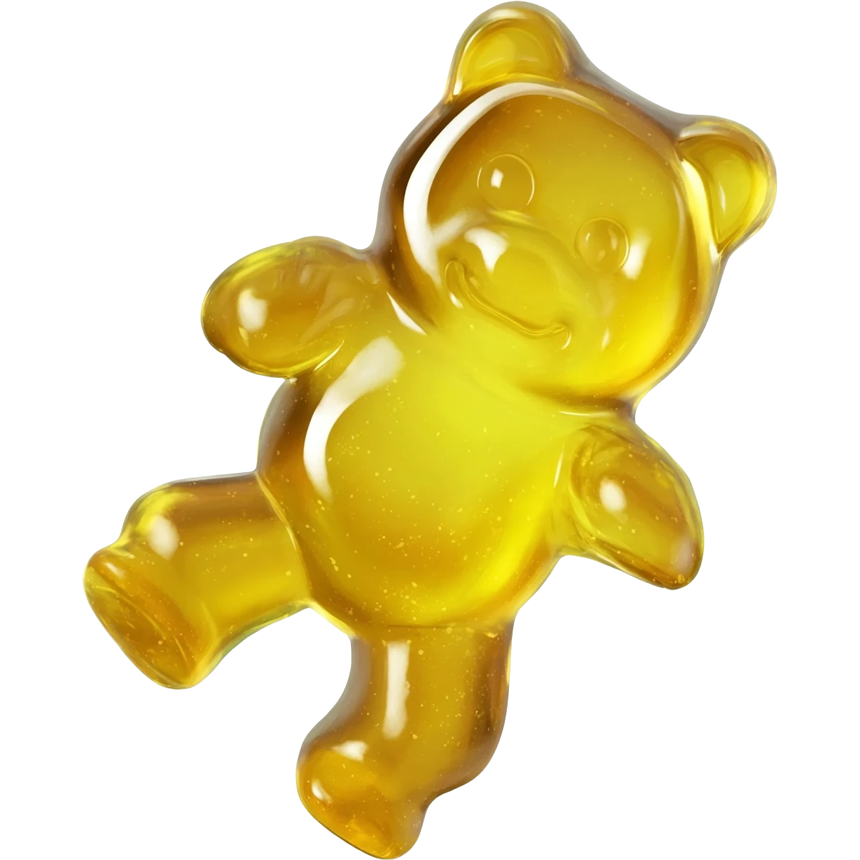 a hyper-realistic 3D rendering of a translucent, glistening gummy bear mid-bounce, its plump body captured in dynamic motion as if frozen in time. The candy's surface refracts light like real gelatin, with sticky highlights gleaming along its curved edges and subtle sugar granules  emoji