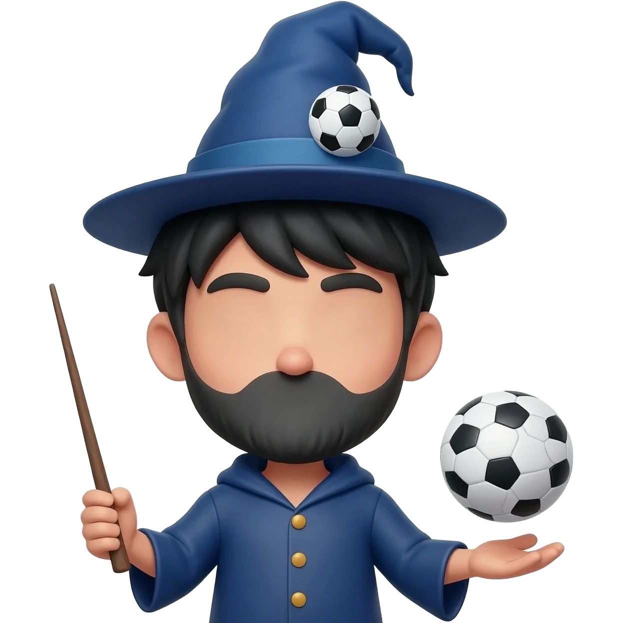 a young, beardless, black-haired wizard with his face hidden by a blue hat (with a soccer ball design on it) holding a wand in one hand and a floating soccer ball in the other emoji