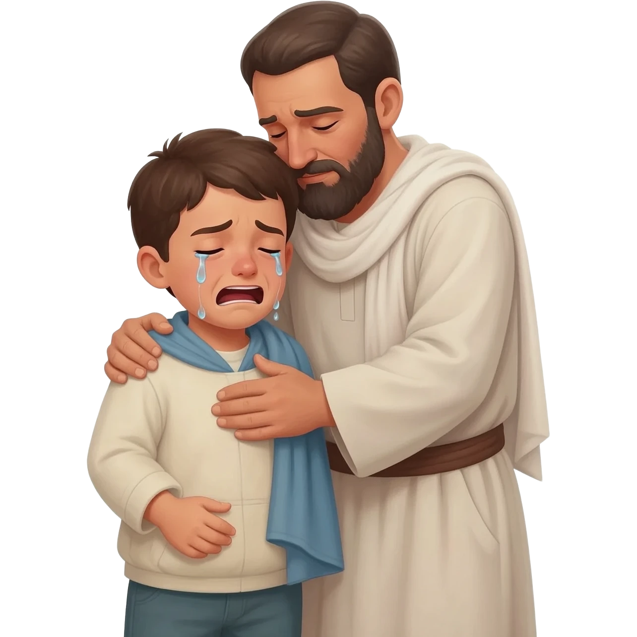 нарисуй как отец обнимет с любовью и слезами  сына возростом 20-24  года во весь рост  ,  времена древнего иерусалима emoji